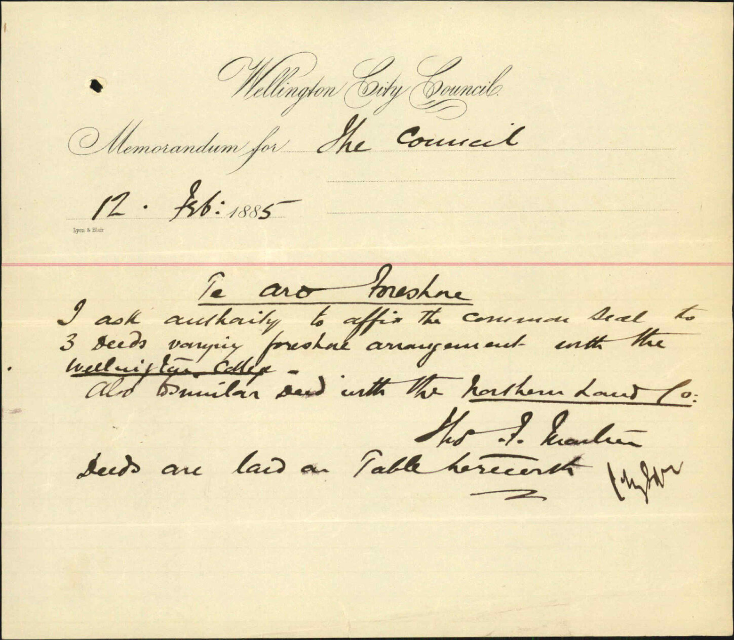Foreshore Deeds, Wellington College and Northern Land Company - City Solicitor