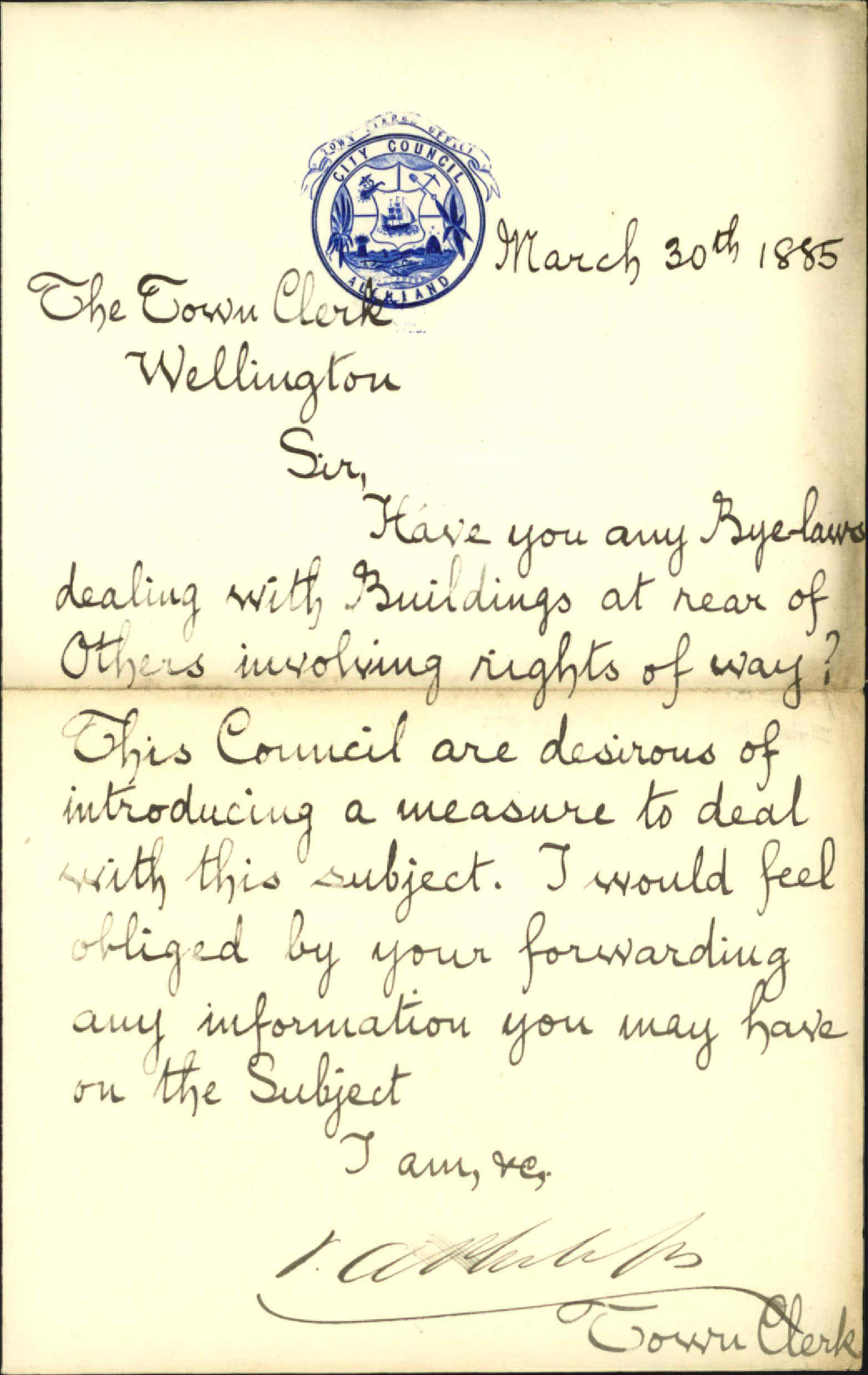 Enquiry as to rights of way - Town Clerk Auckland