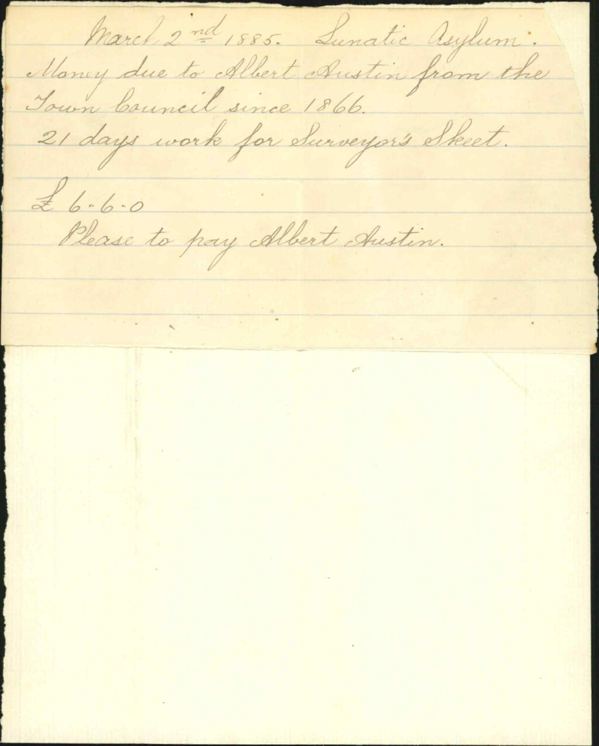 Claim for work done in 1886 - Albert Austin