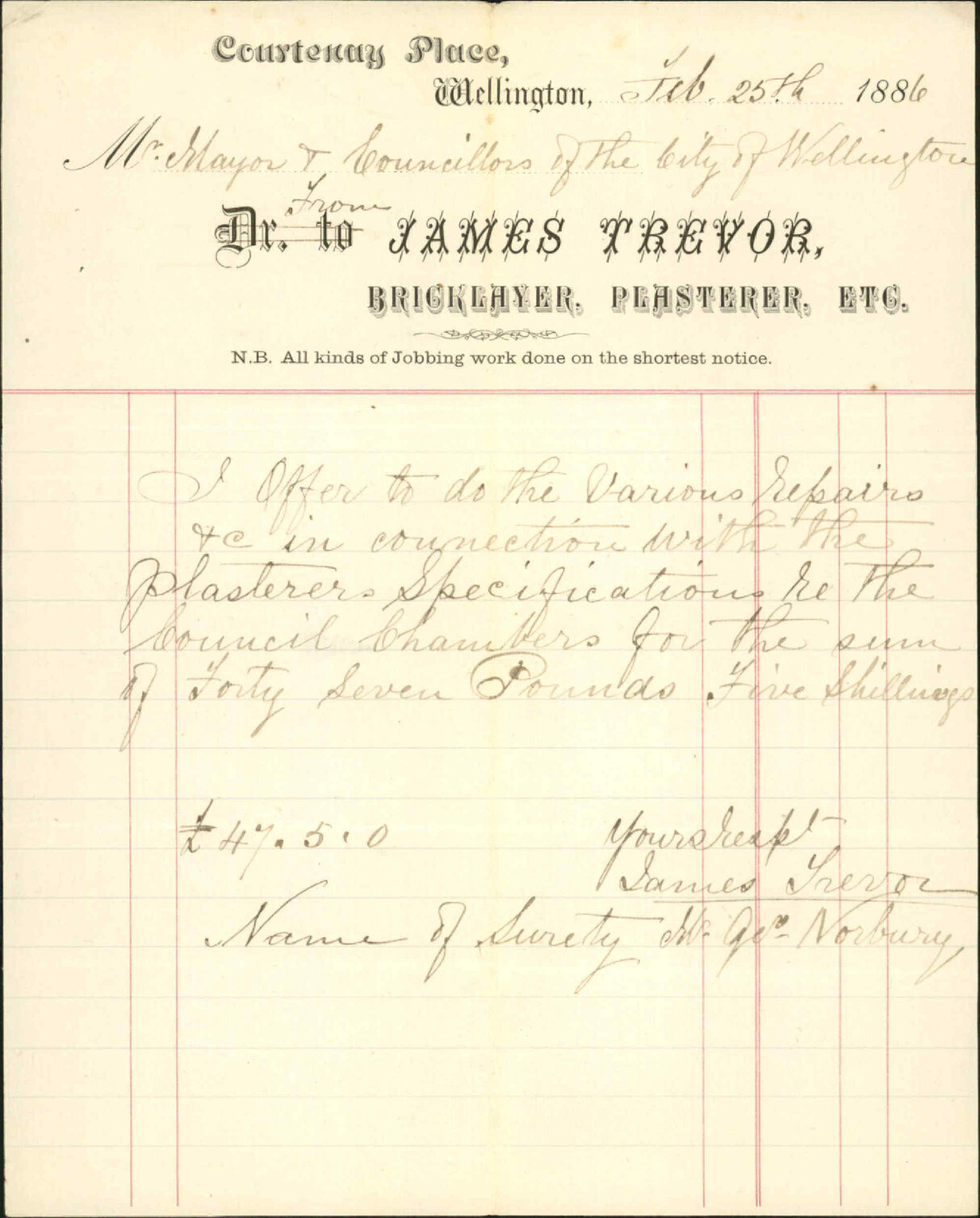 Tender for plastering at corporation offices - James Trevor