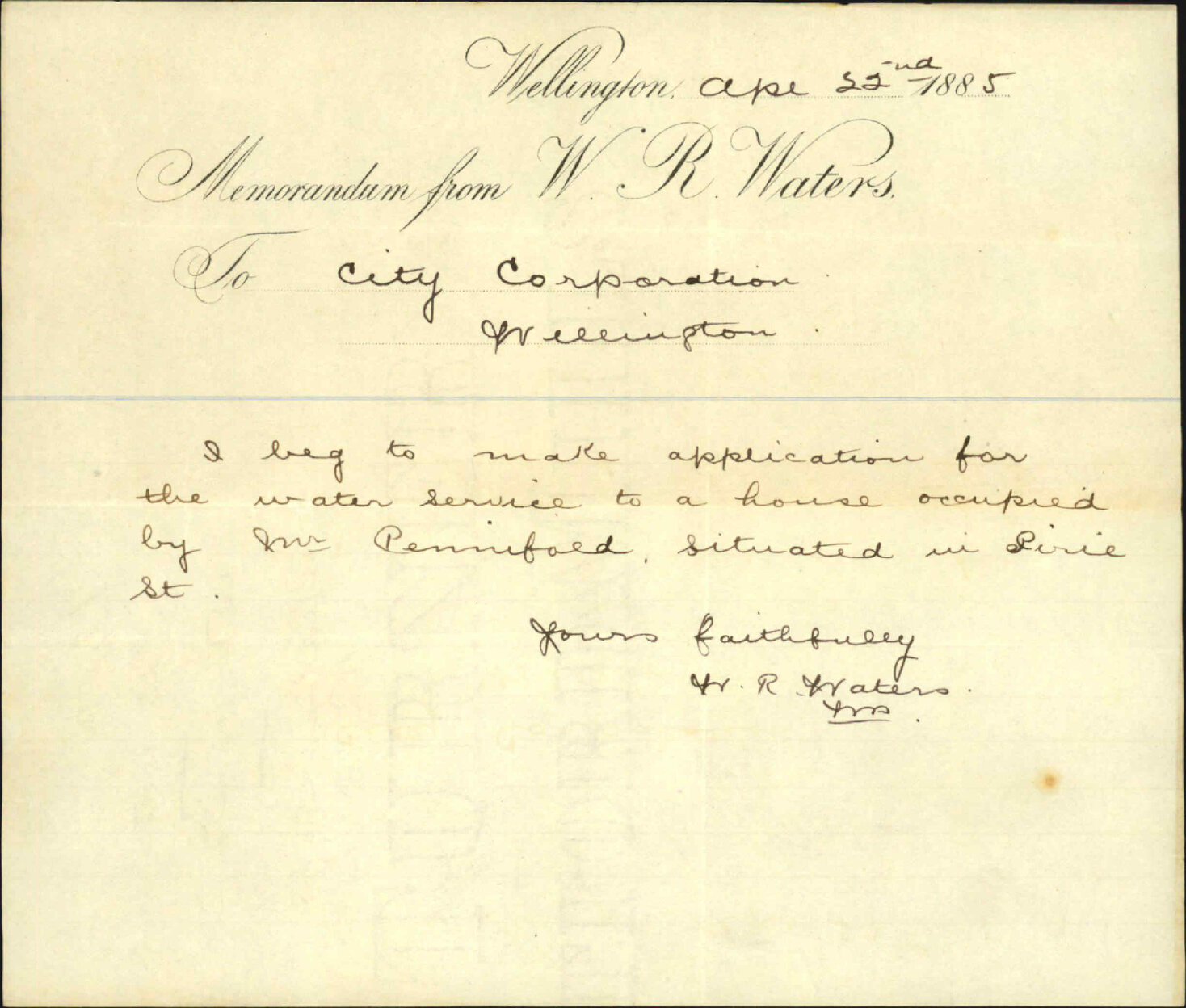 Application for water - W R Waters