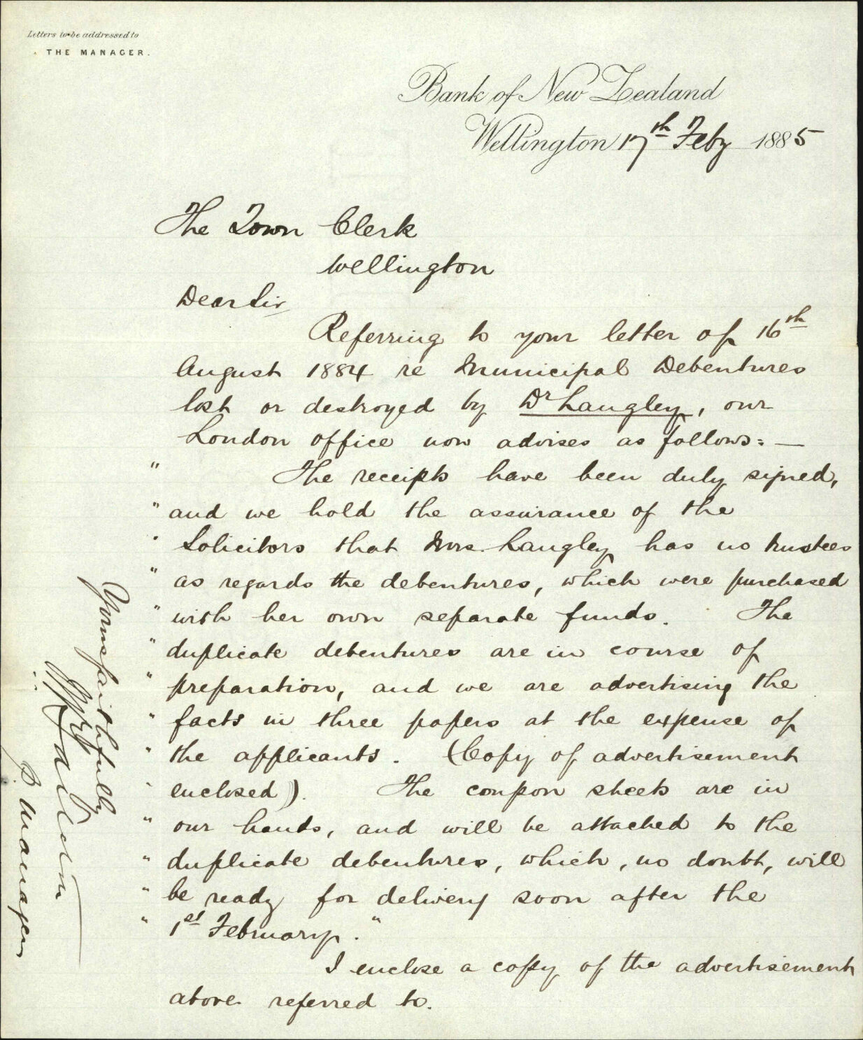 Dr Langleys destroyed debentures - Bank of New Zealand
