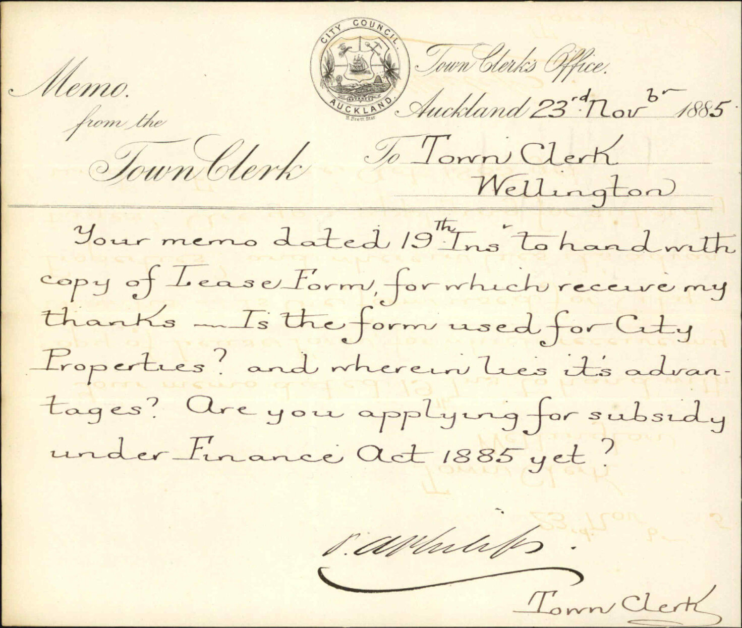 Form of lease, government subsidy - Town Clerk Auckland