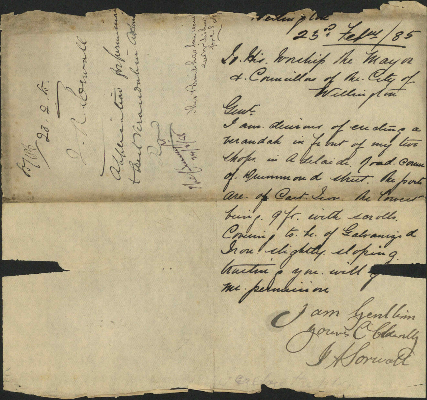 Application for permission to erect verandah in Adelaide Road - J R Sorwall