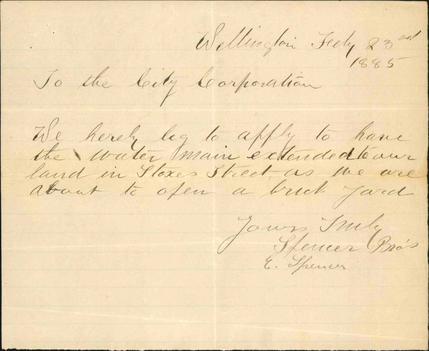Application for water in Stokes Street - E Spencer, Spencer Bros
