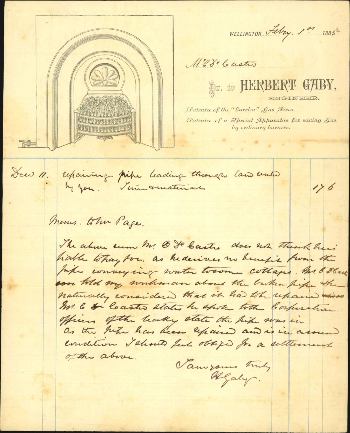Asking payment for repairs to water pipe in Nairn Street - Herbert Gaby