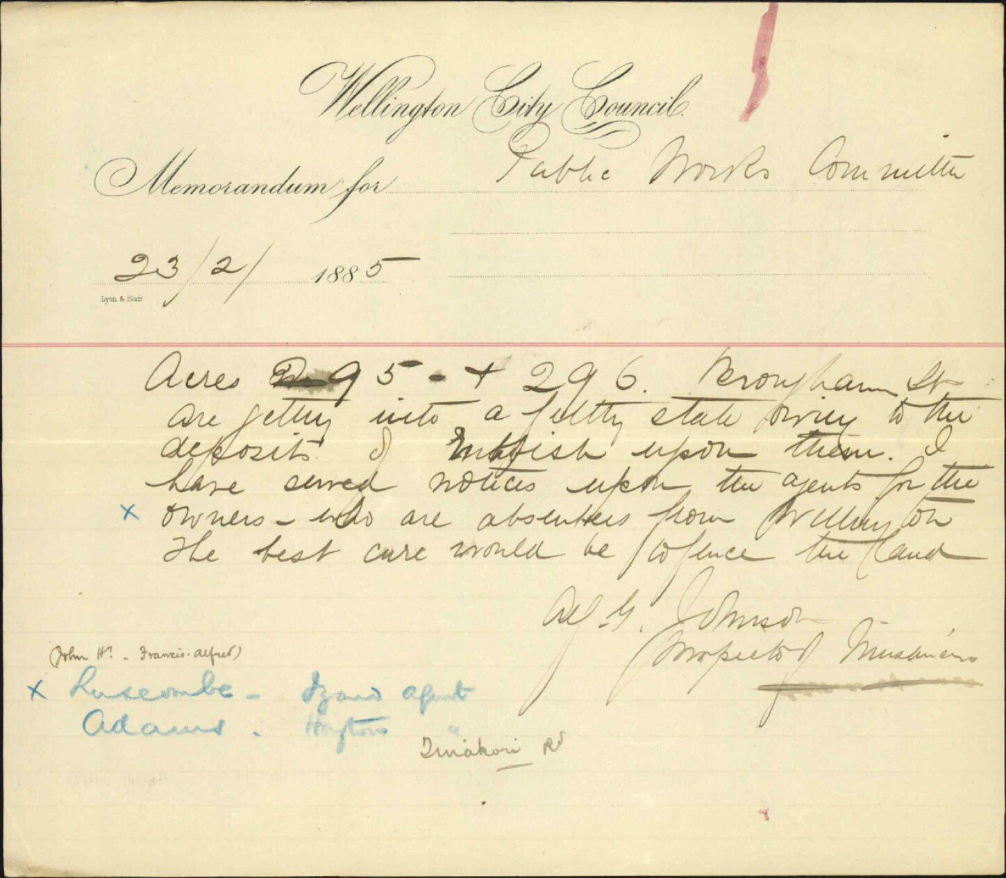 Unfenced acres in Brougham Street - Inspector of Nuisances
