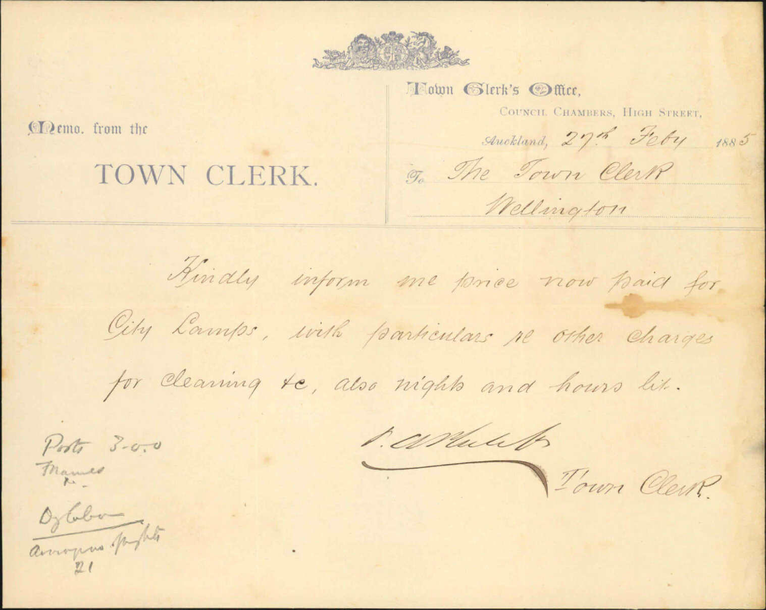Enquiry as to price of city lamps - Town Clerk Auckland