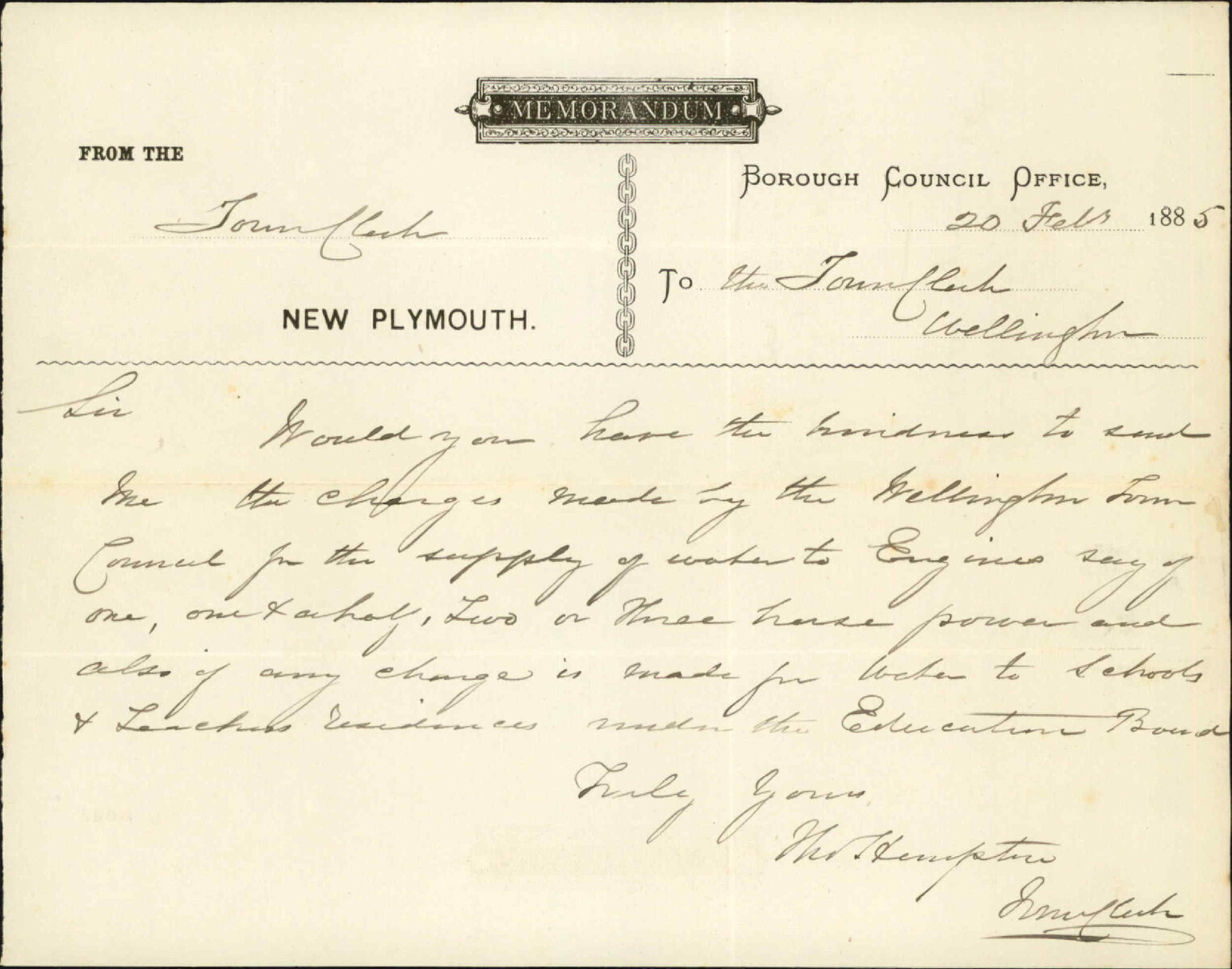 Enquiry as to charges for water - Town Clerk New Plymouth