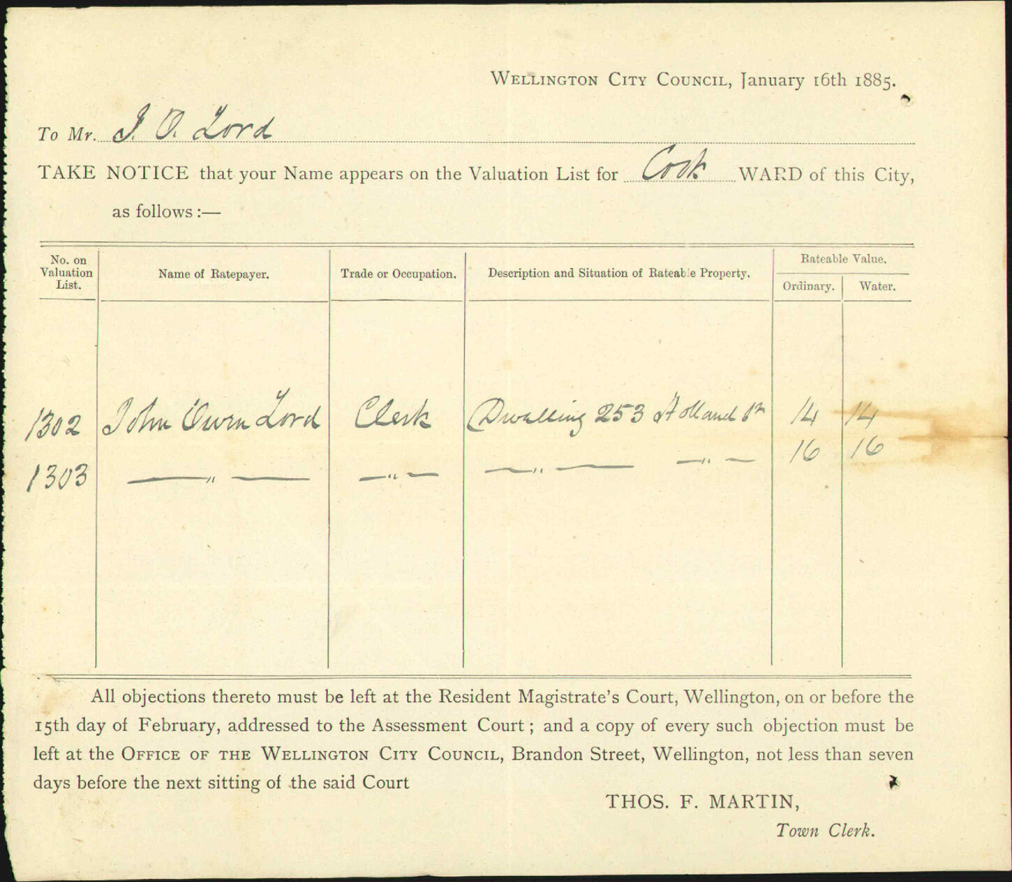 Objection to rating notice - John Owen Lord