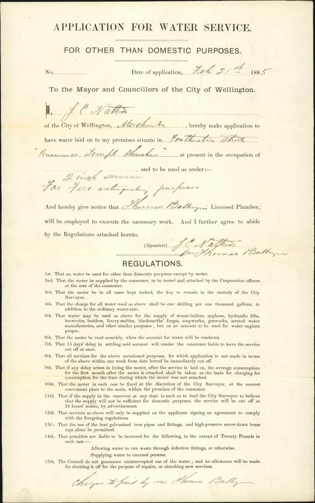 Application for 2 inch water service - J Nathan and Co