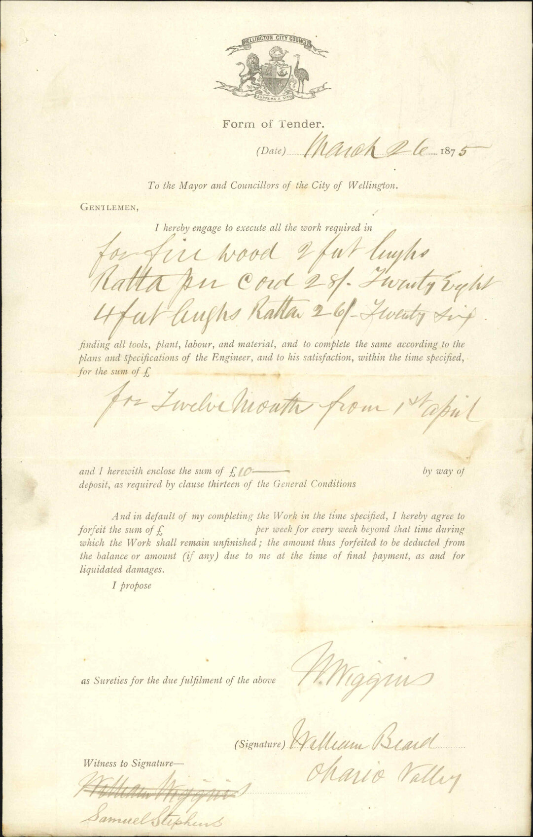 Tender for supply of firewood - William Beard