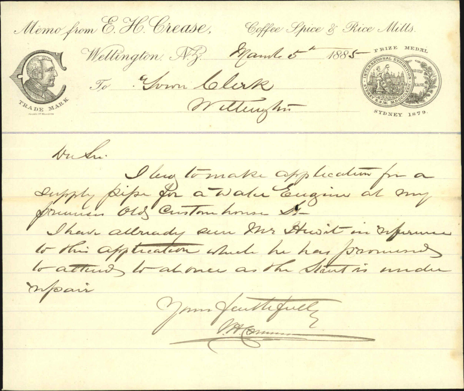 Application for water service - E W Chase