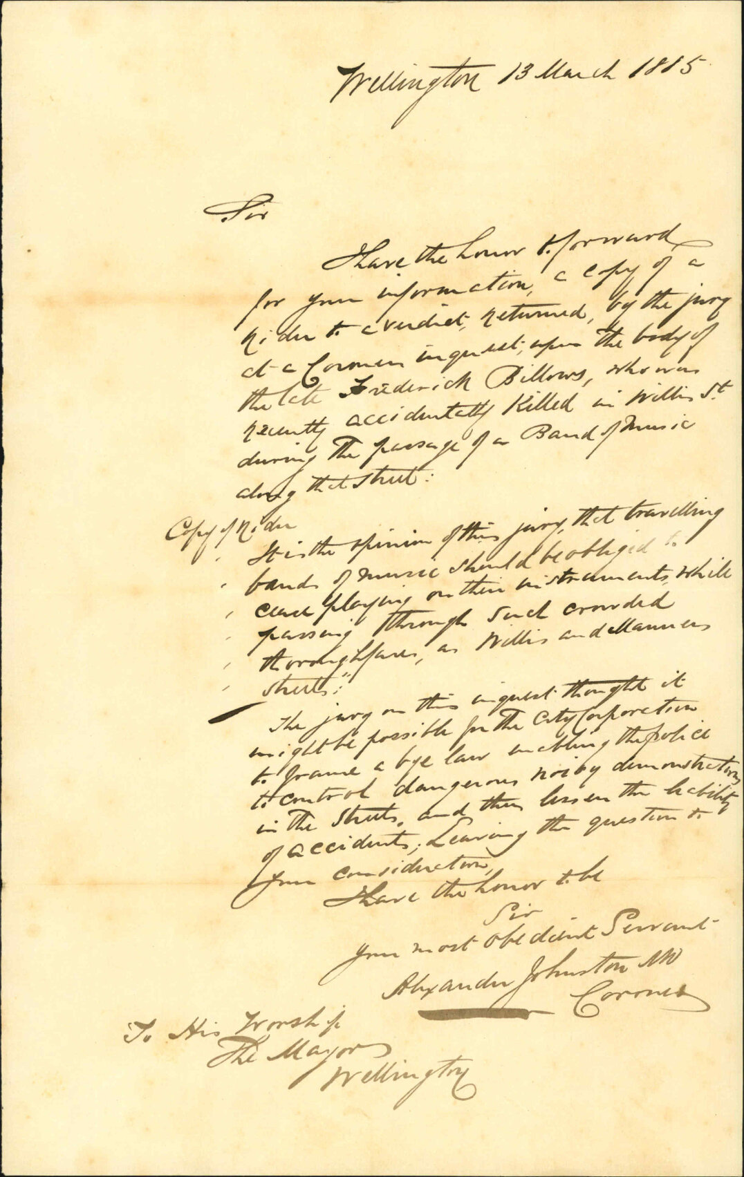 Forwarding verdict of the jury (Billows) - The Coroner of Wellington