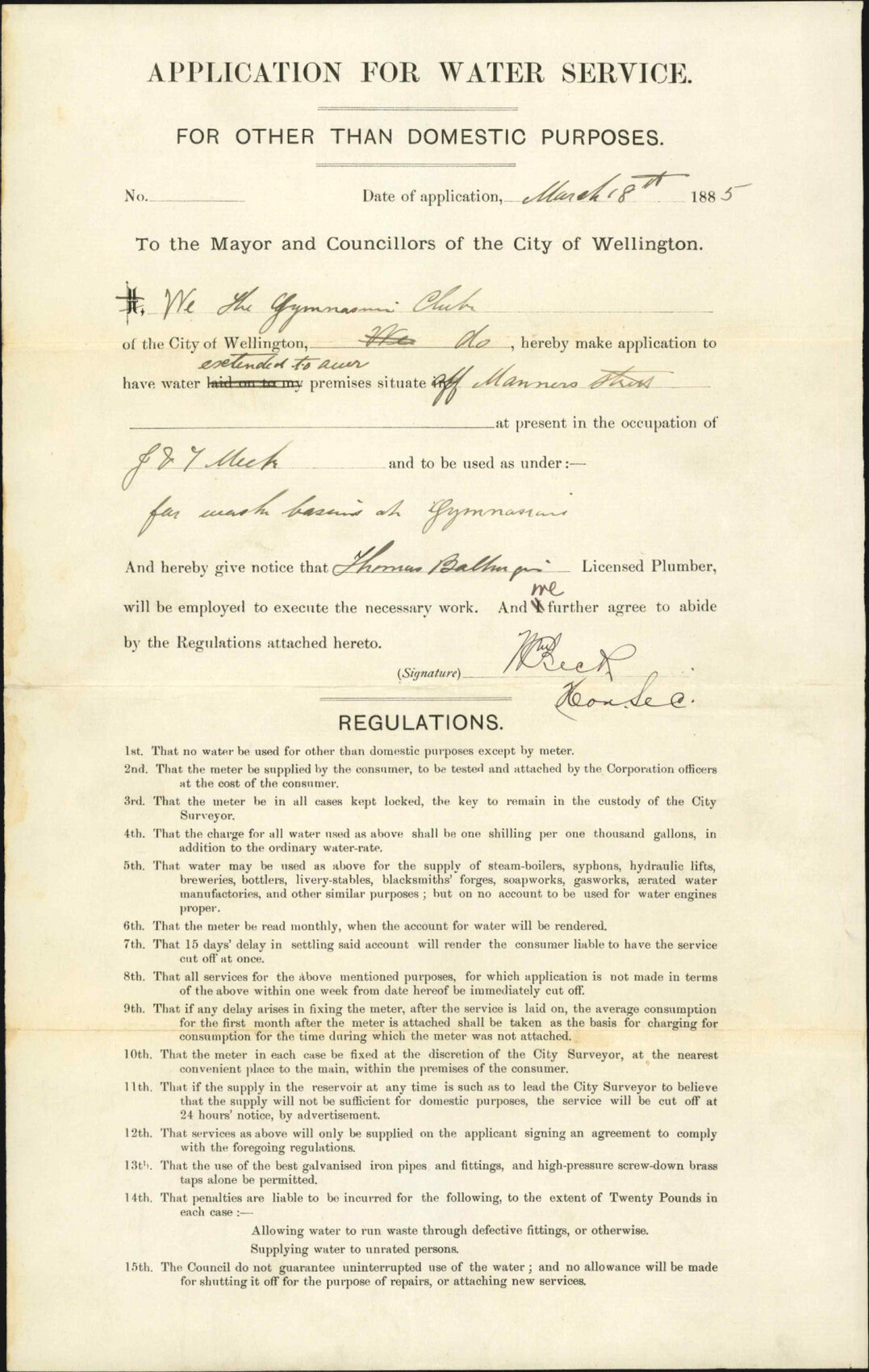 Application for water - Wellington Gymnasium