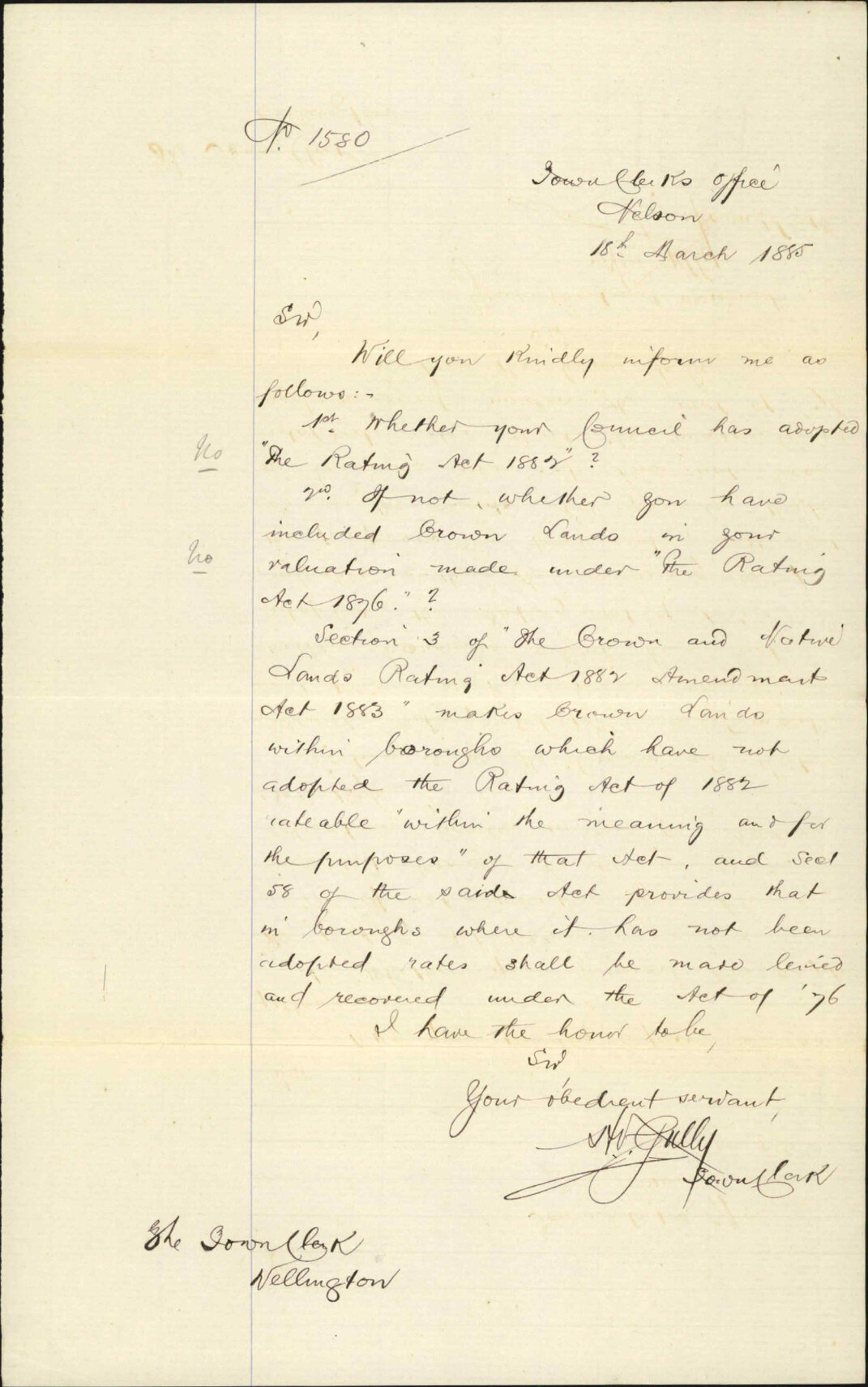Enquiry as to rating act - Town Clerk Nelson
