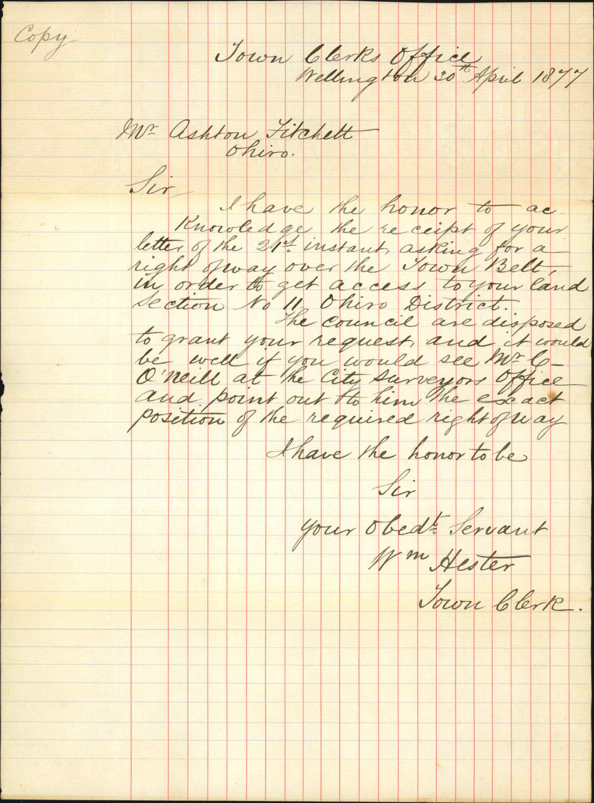 Copy of Town Clerks letter, regarding right of way in Ohiro Road or 30 April 1977 - A Fitchett