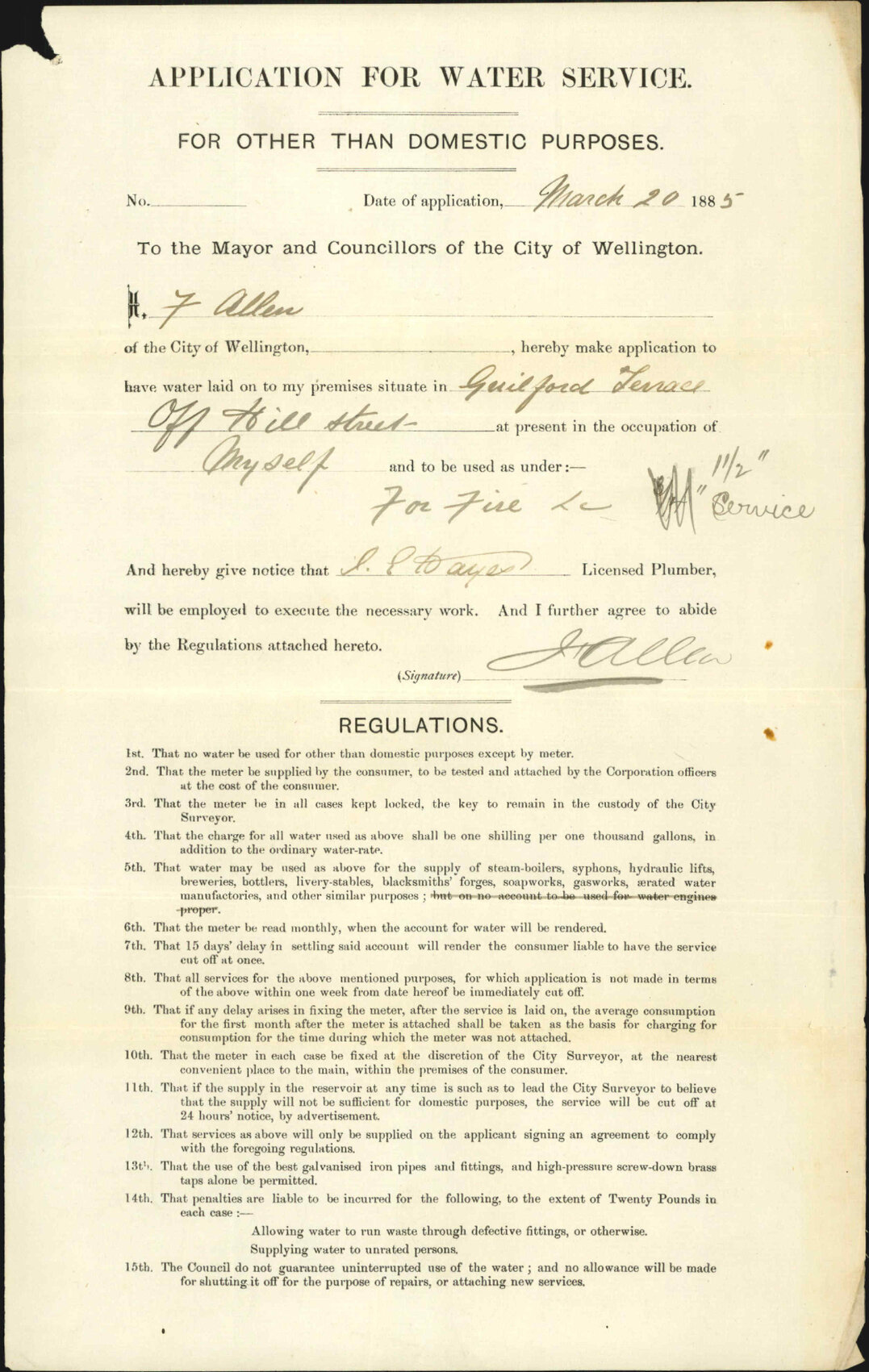 Application for 1 1/2" water service - F Allen