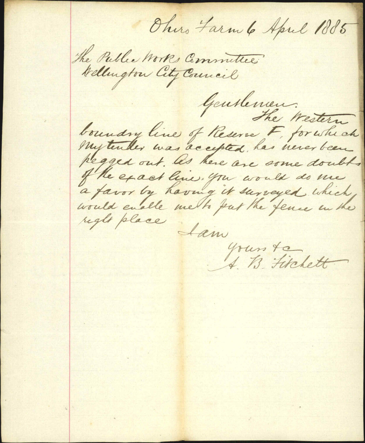 Asking for survey of Reserve F to be made - A B Fitchett
