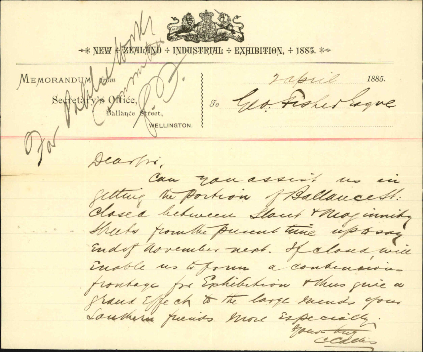Asking permission to close Ballance Street - New Zealand Industrial Exhibition