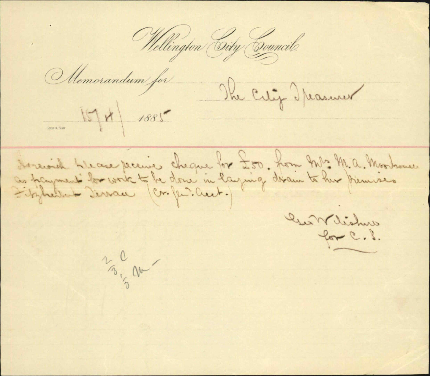With cheque for work to be done for Mrs Moorehouse, Fitzherbert Terrace - The City Surveyor