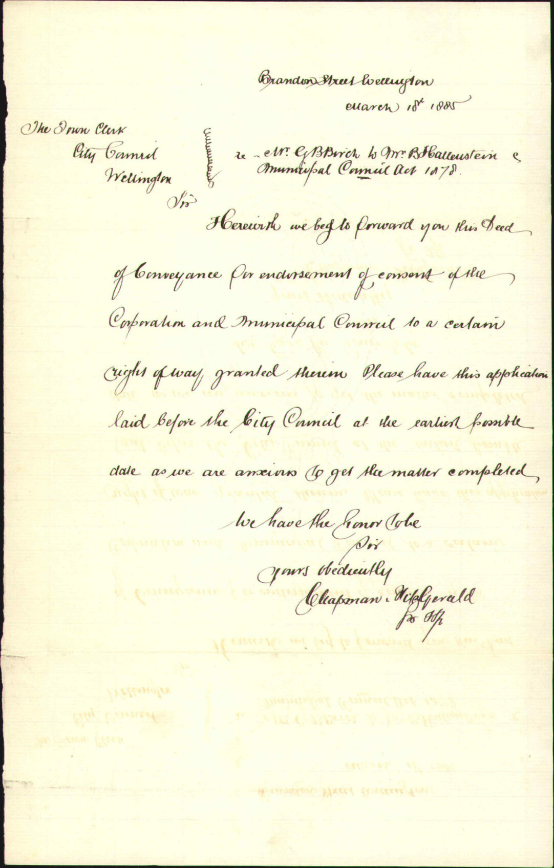 Application for consent to right of way (Birch and Hallenstein) - Chapman and Fitzgerald