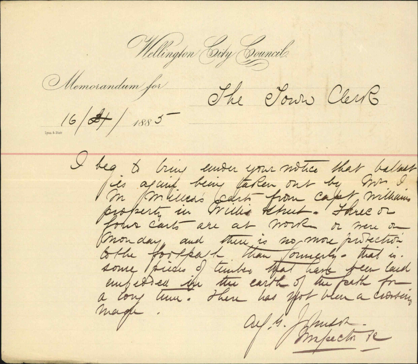Cartage of earth from Williams property, Willis Street - Inspector of Nuisances