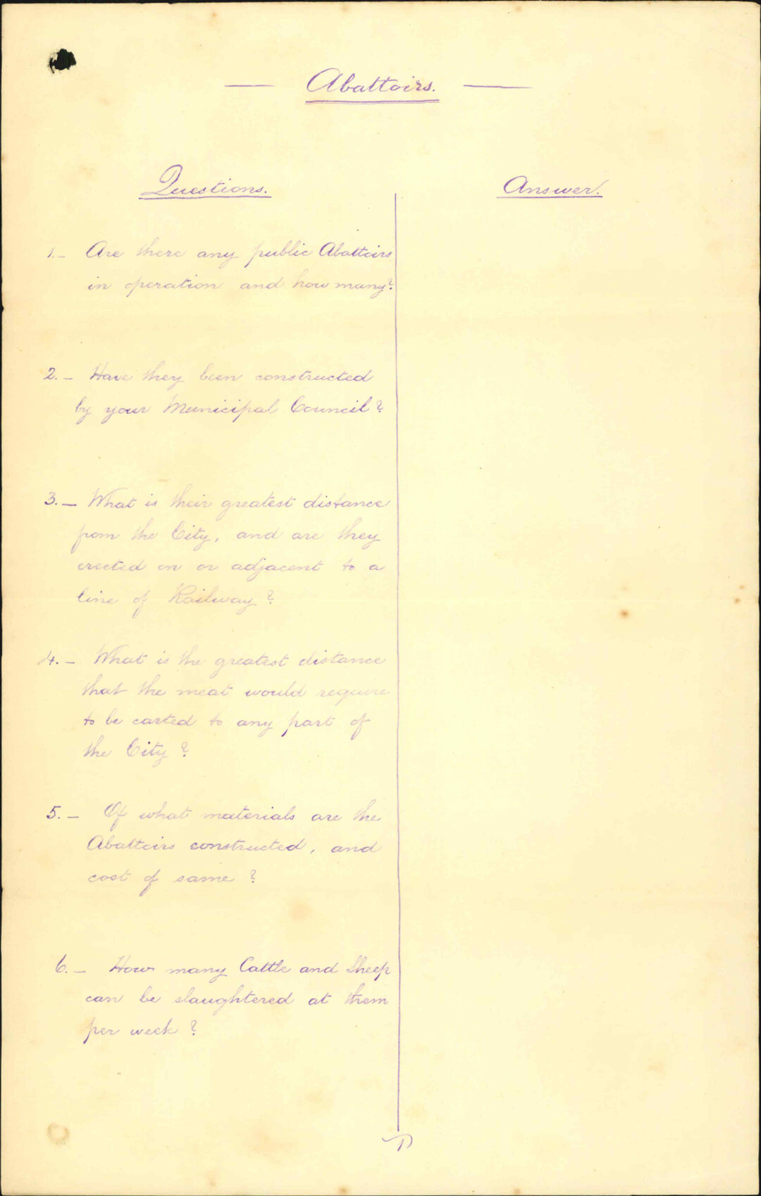 Enquiry as to public abattoirs - Town Clerk Dunedin
