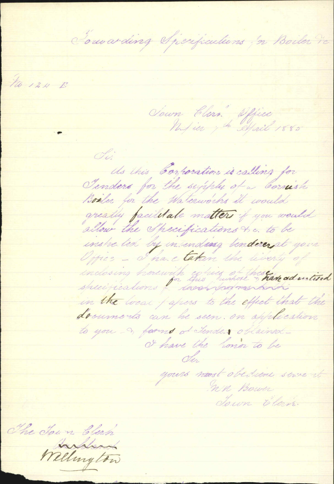 Asking that specifications may be placed on view - Town Clerk Napier