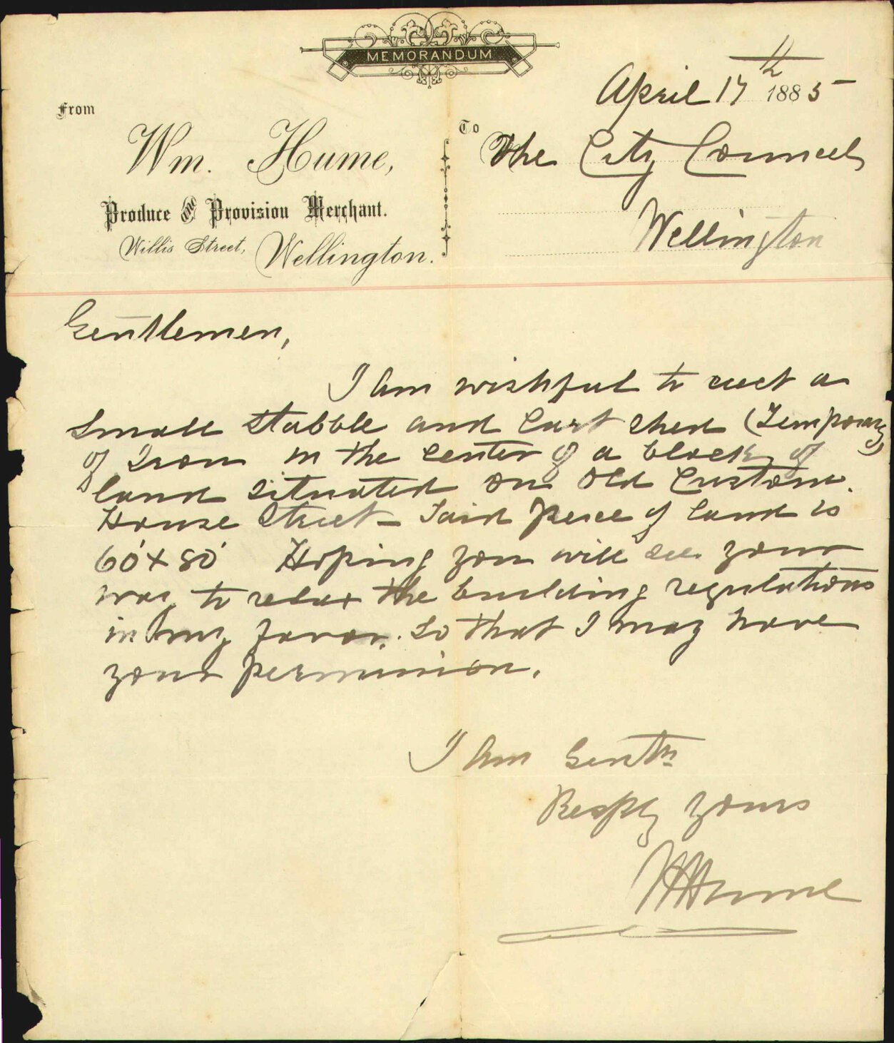 Asking for relaxation of the building regulations - W Hume