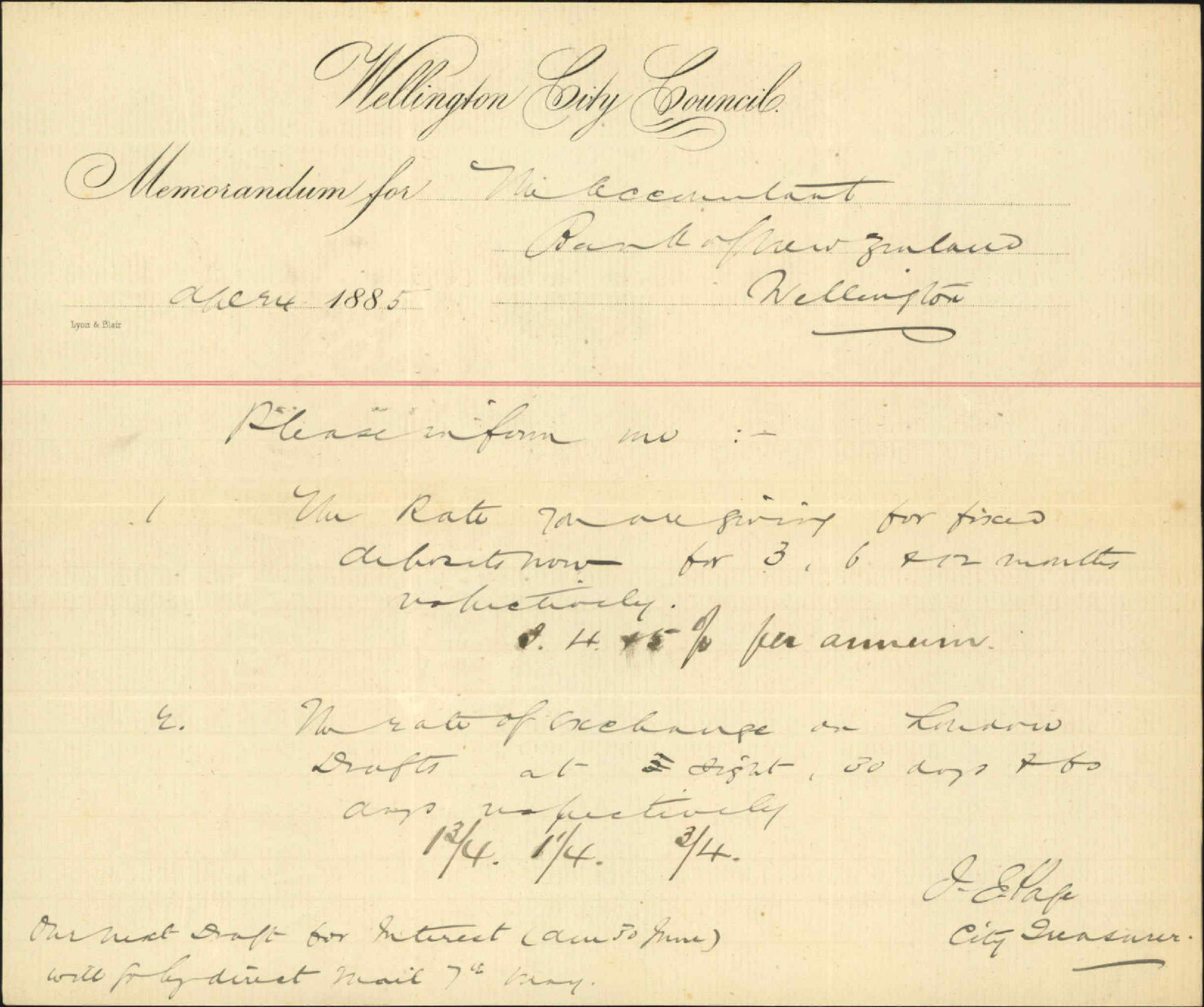 With quotations of rates for fixed deposits etc - Bank of New Zealand