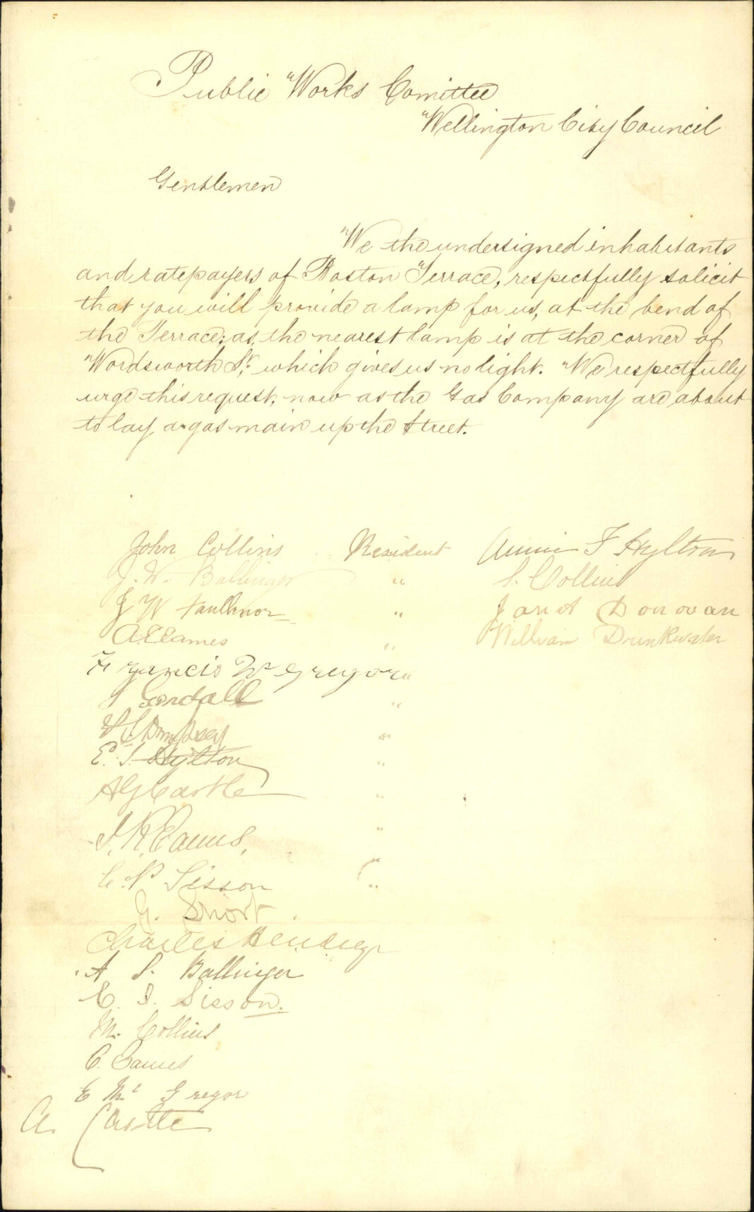Petition for lamp at Boston Terrace - John Collins and others