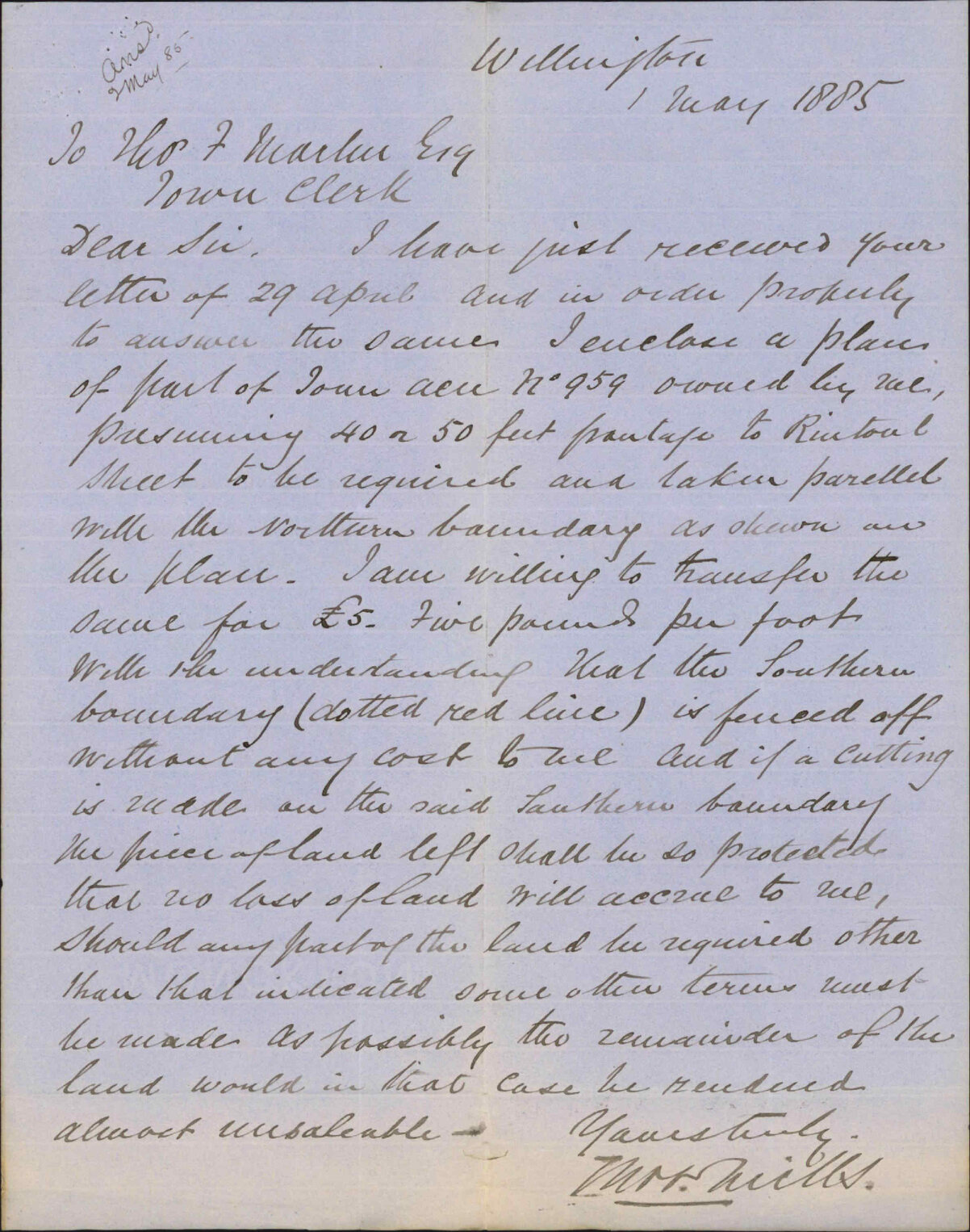 Land required for extension of Constable Street - Thomas Mills