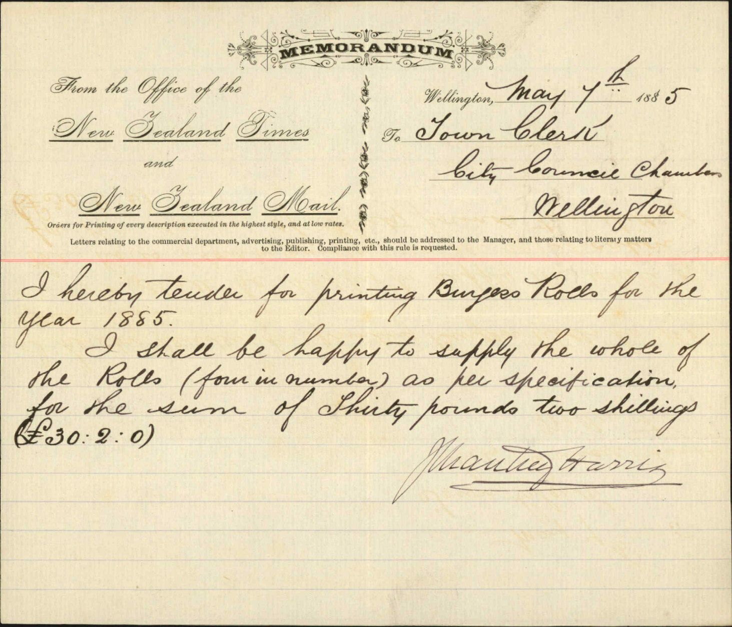 Tender for printing Burgess Roll - J C Harris