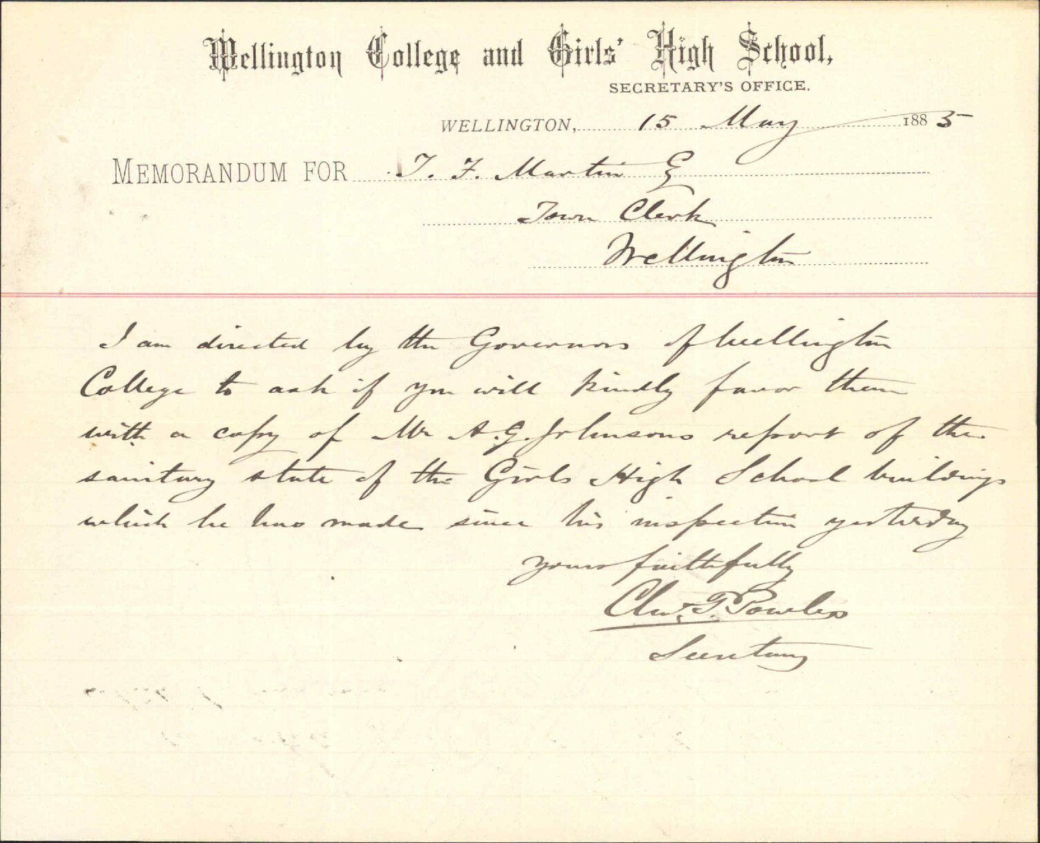 Asking for copy of inspectors report regarding girls high school - Wellington College
