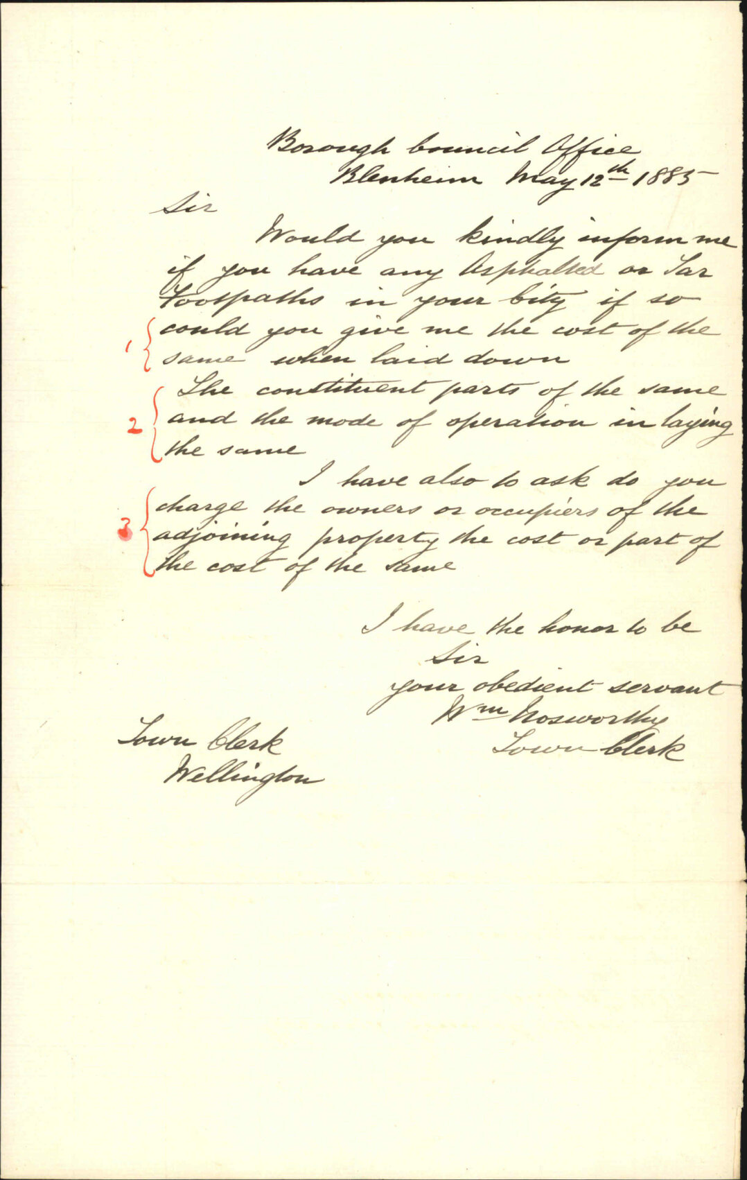 Enquiring as to asphalt footpath - Town Clerk Blenheim