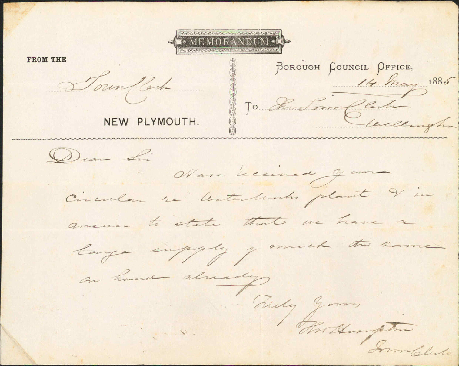 Reply regarding water works plant - Town Clerk New Plymouth