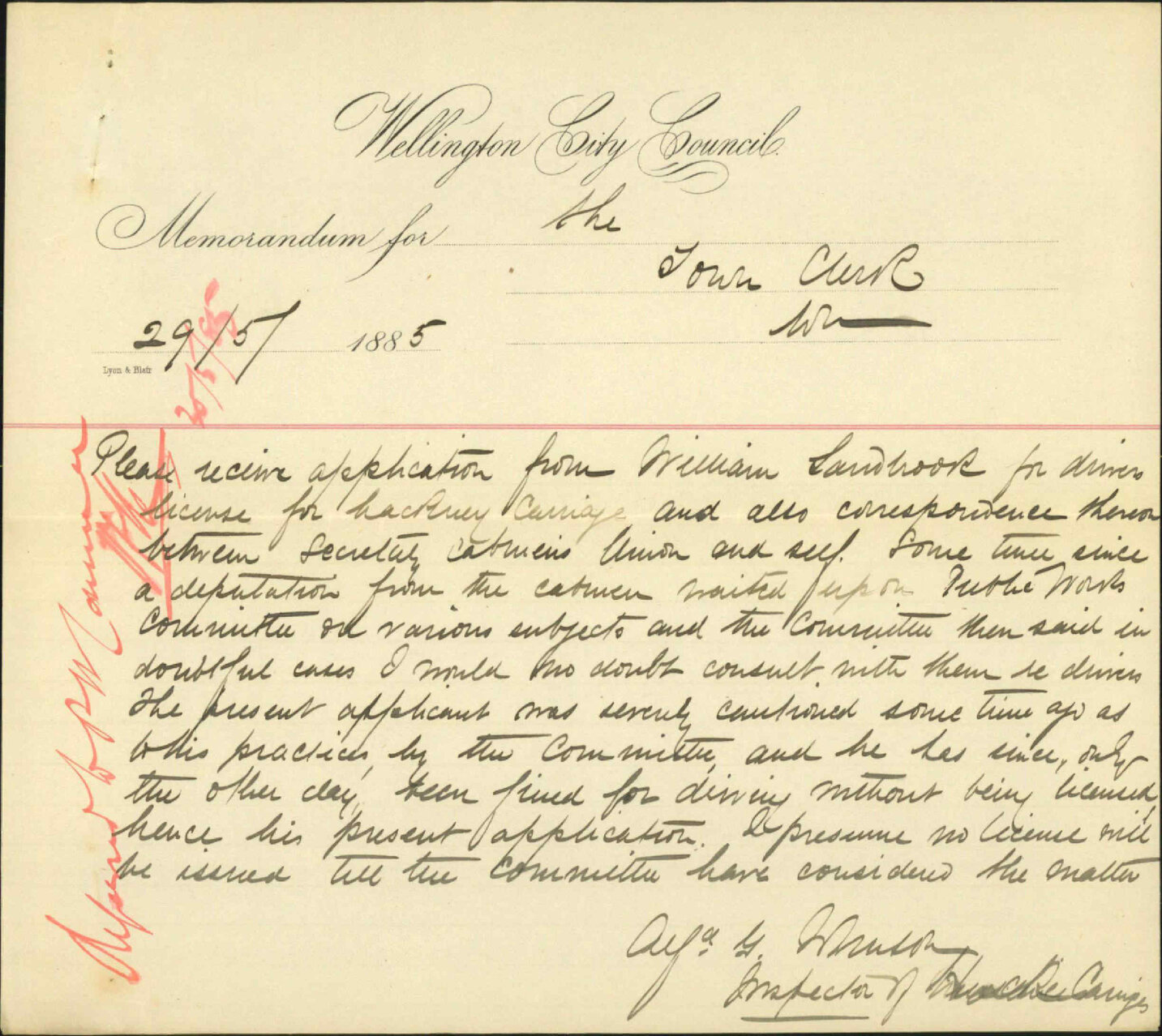 License applied for by W Sandbrook - Inspector of Hackney Carriages