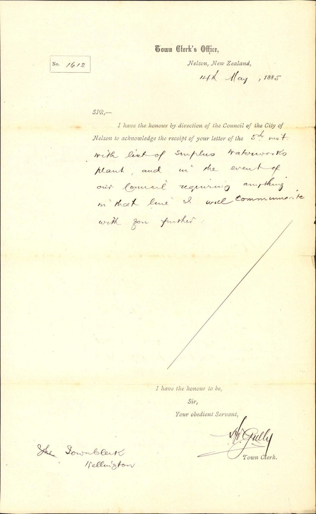 Reply regarding water works plant - Town Clerk Nelson