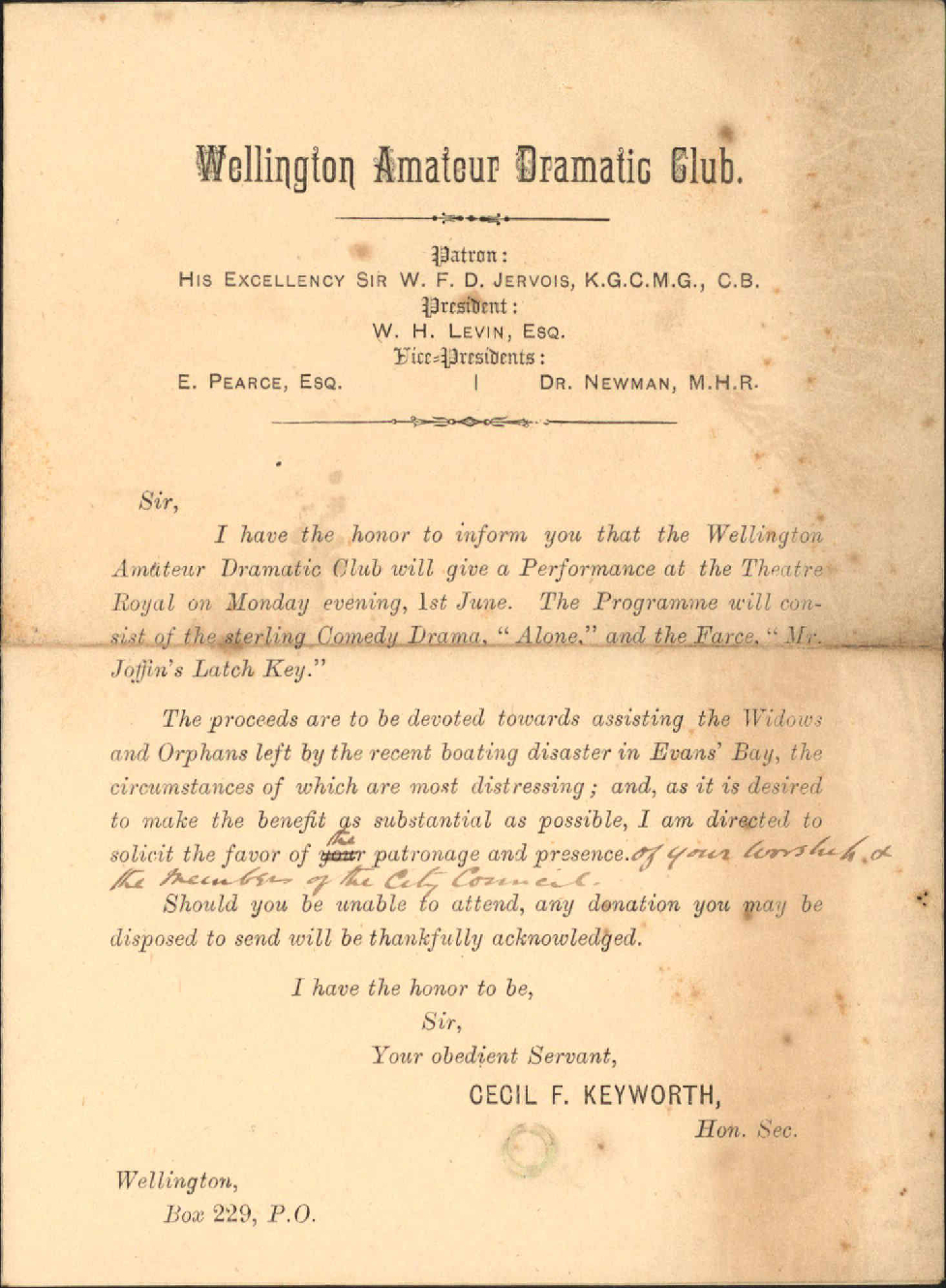 Performance in aid of the widows and orphans left destitute by the Evans Bay disaster - Wellington Amateur Dramatic Club