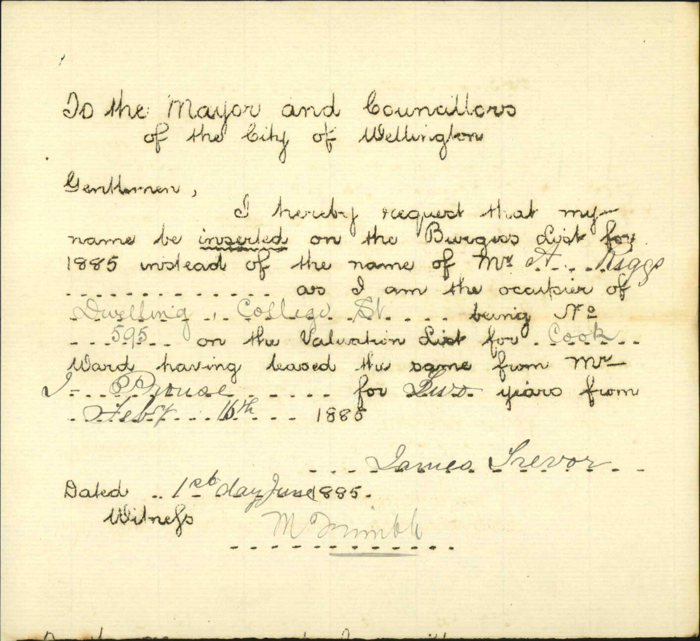 Application for his name to be on Burgess Roll - James Trevor