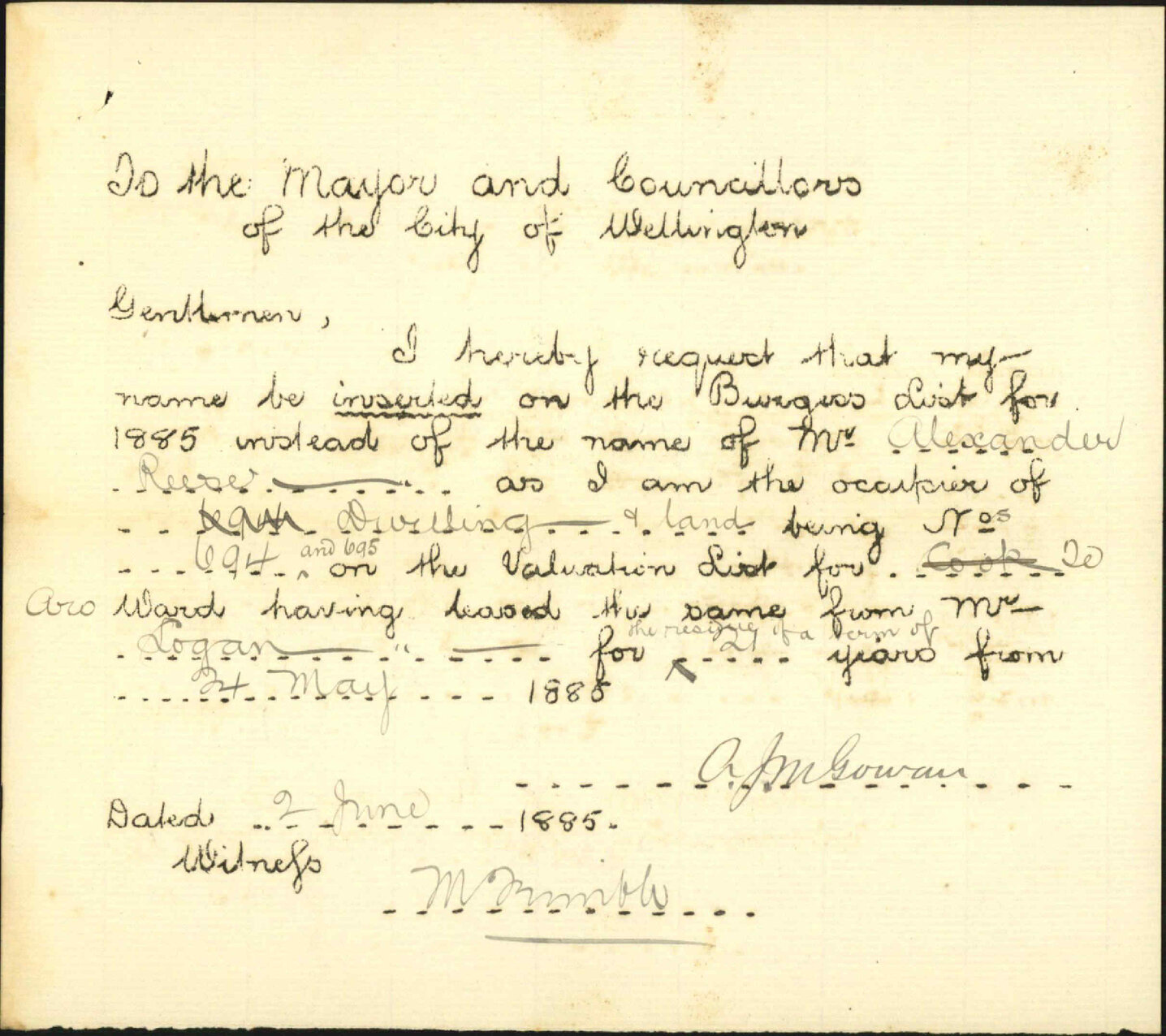 Application for name to be placed on Burgess Roll - A McGowan