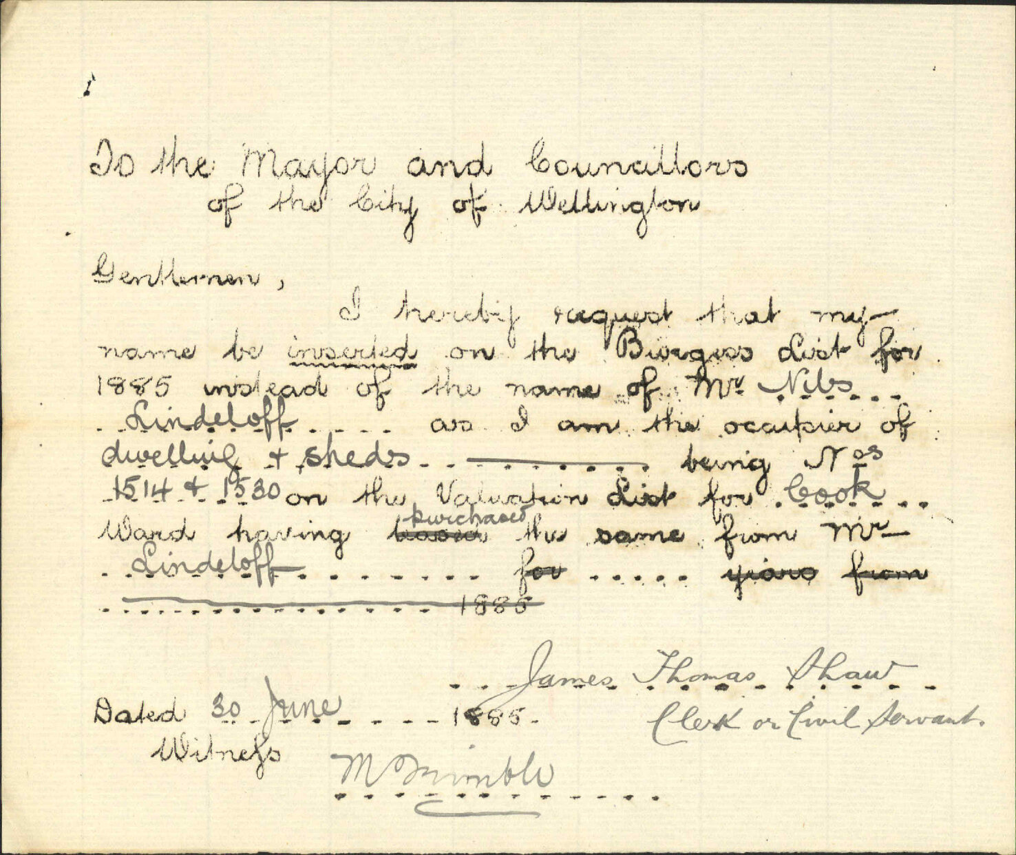 Requesting to be placed on Burgess Roll - J T Shaw