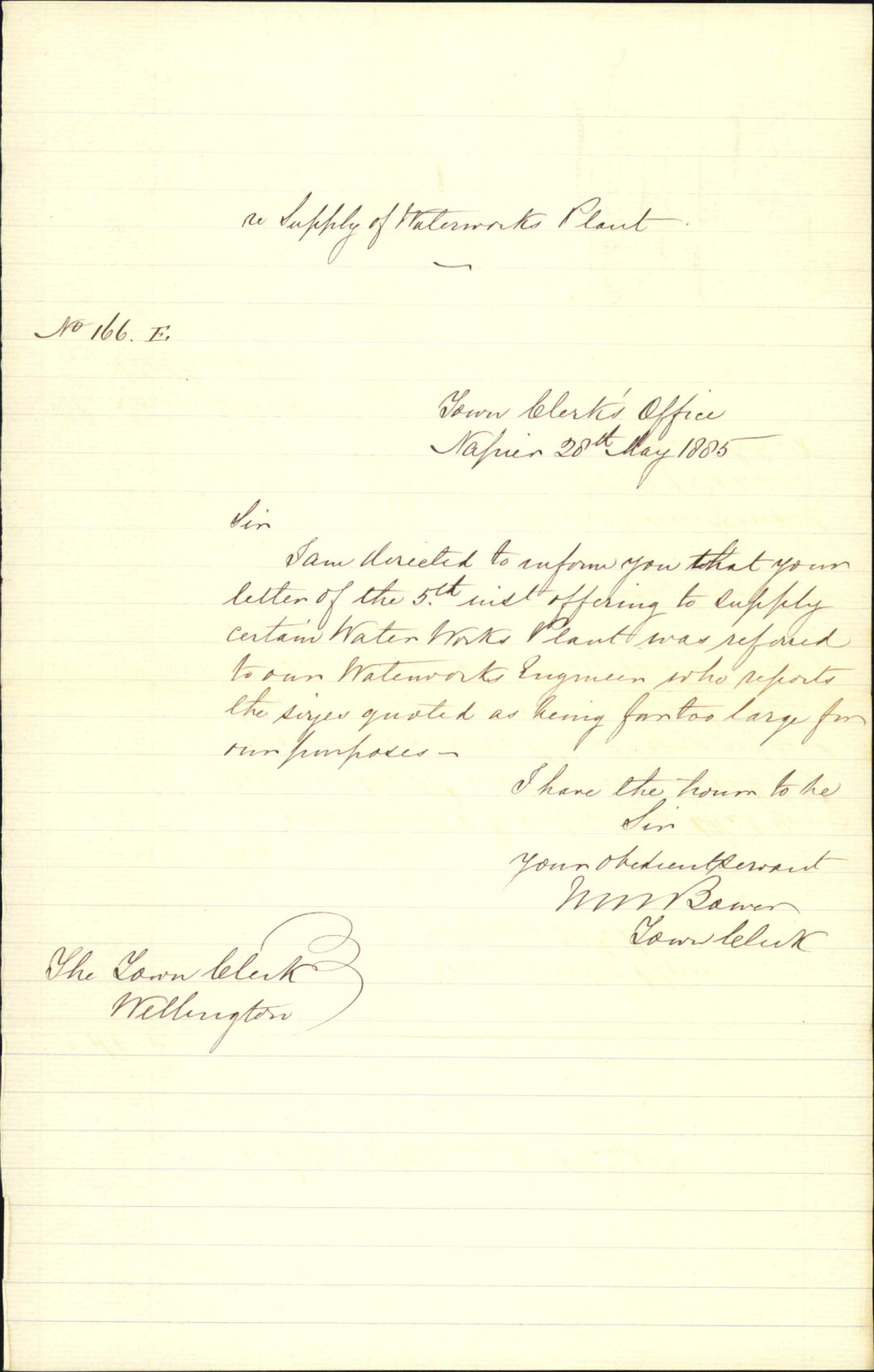 Reply regarding water works plant - Town Clerk Napier