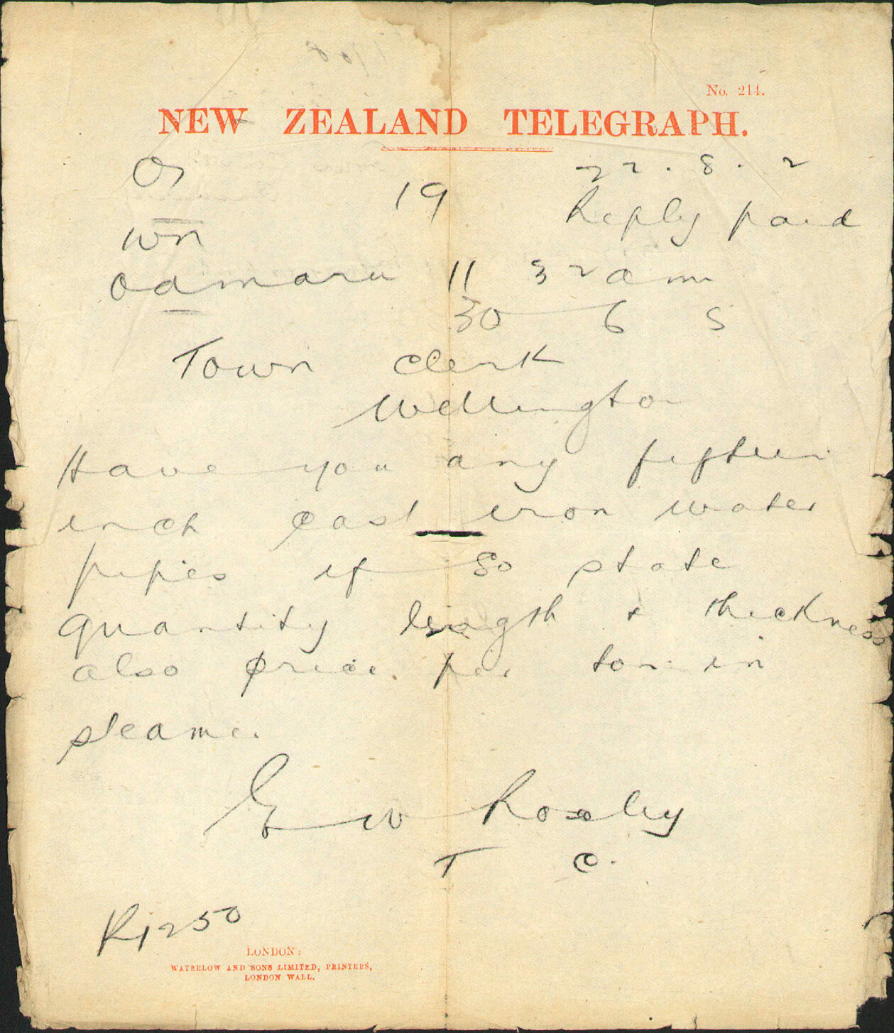 Enquiry for winter pipes - Town Clerk Oamaru