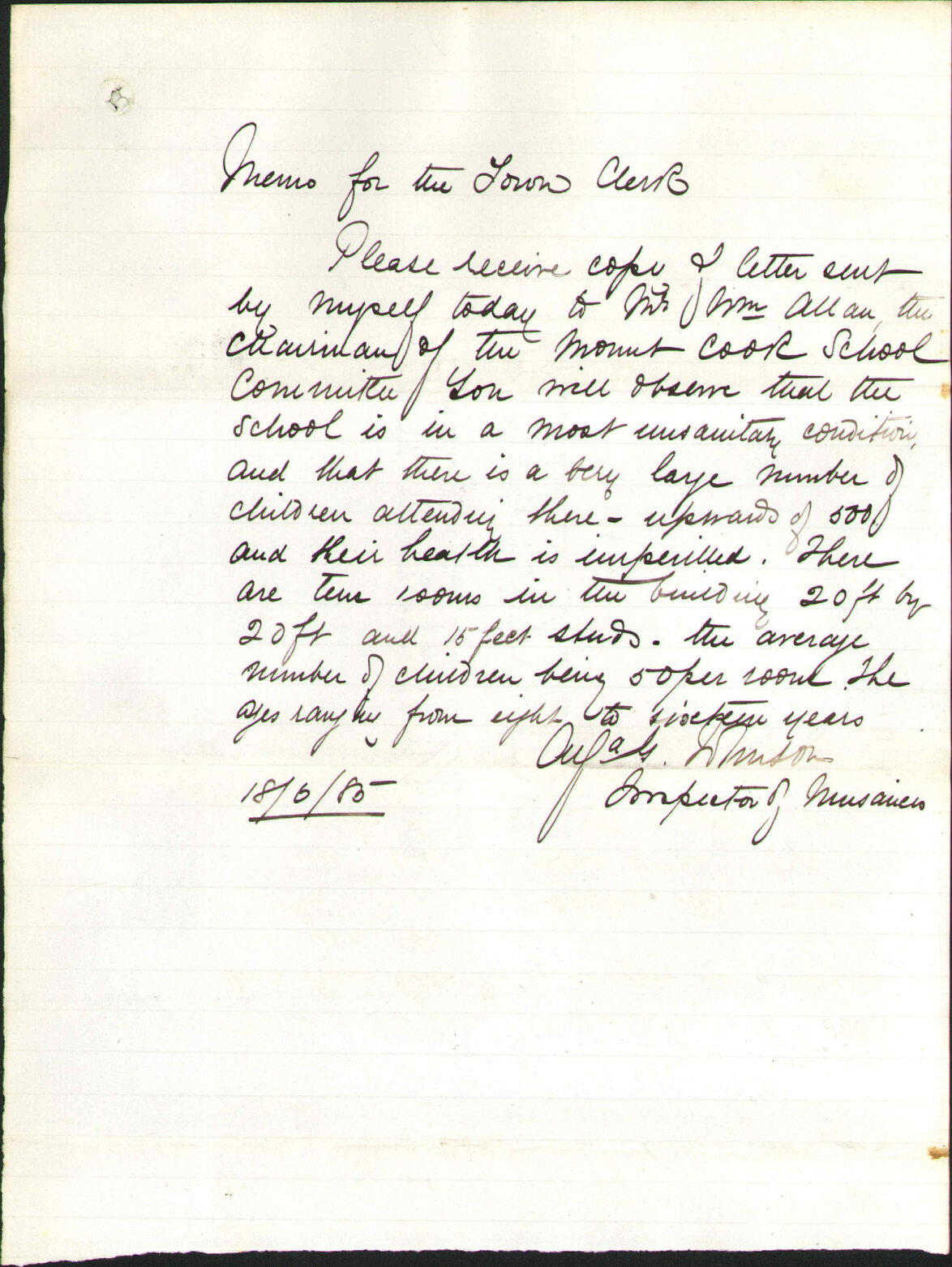 Mount Cook girls school - Inspector of Nuisances