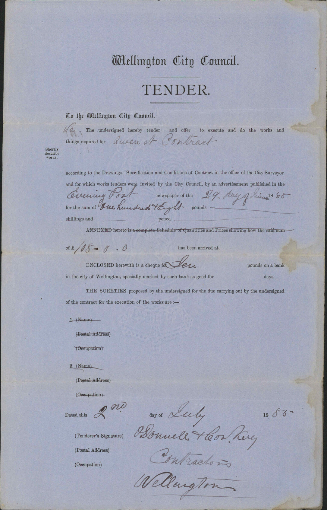 Tender for work in Owen Street - O'Donnell and Corkery