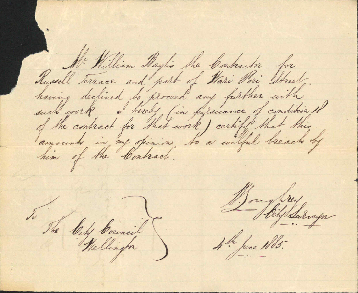 Certificate as to breach of Baylis Contract at Russell Terrace - City Surveyor
