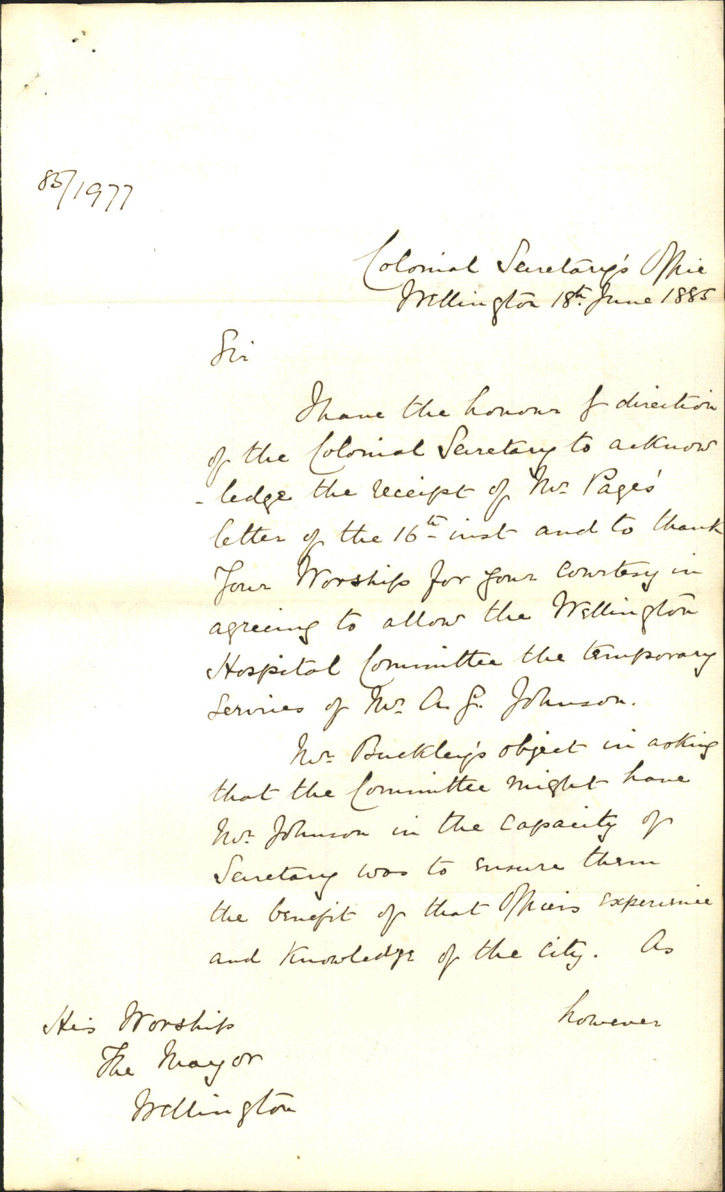 Hospital Committee - Colonial Secretary