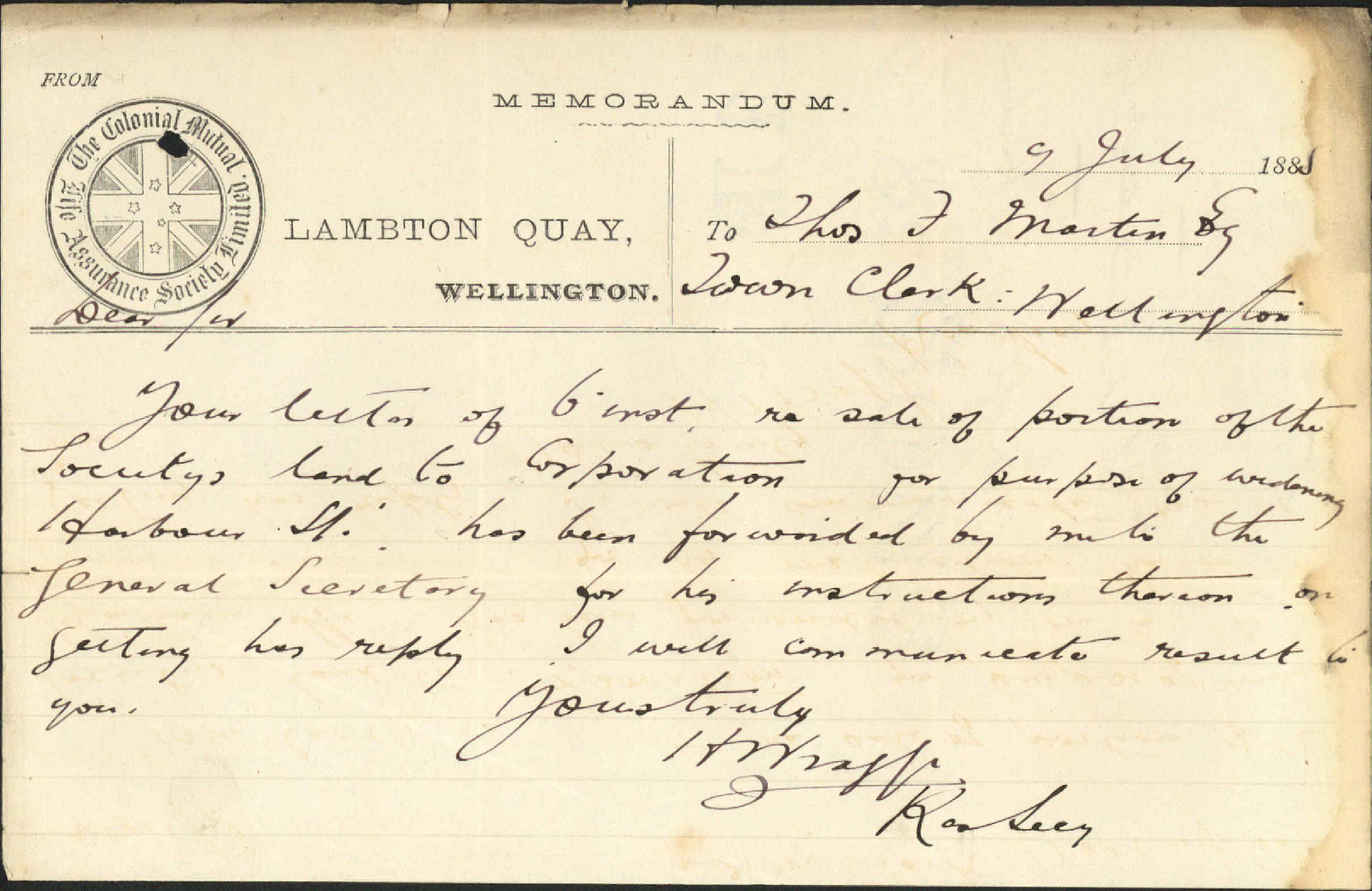 Sale of land for Harbour Street - Colonial Mutual Assurance Society